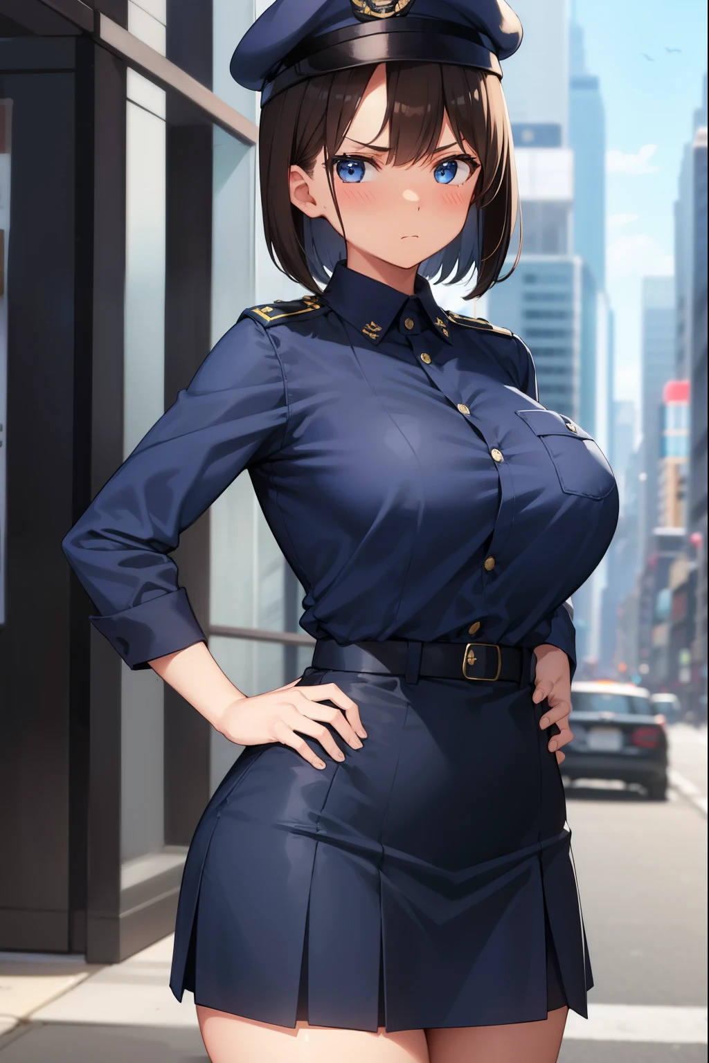 ,1 girl,Navy Blue American Police,navy blue mini skirt,Navy blue police hat,serious face,brown hair,bob hair,New York city,big breasts,blush,put your hands on your hips