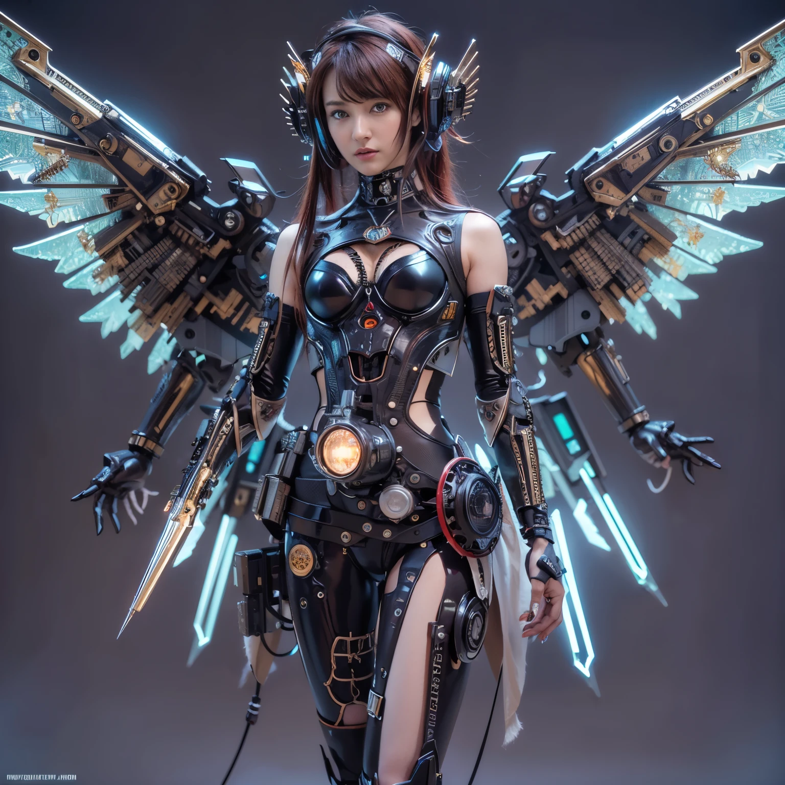 (top-quality:1.2, masterpiece)、ultra high resolution、extremely ultra surrealism, (Photorealsitic:1.4)、Raw photo、(Steampunk Battle Cyborg fallen angel)、large wings made of metal、black porcelain body、red hair、glowy skin、1 Cyborg girl、(mechanical frame:1.3)japanese, extremely cute face, ((super realistic details))、portrait、globalillumination、Shadow、octan render、8K、ultrasharp、character edge light、Details of complex ornaments、Acrylic Clear Cover、Sumerian details、Hydraulic cylinder、Small LED lamp、highly intricate detail、Realistic light、a purple eye、radiant eyes、Facing the camera、neon details、cowboy shot、Futuristic headgear、About Cyberpunk