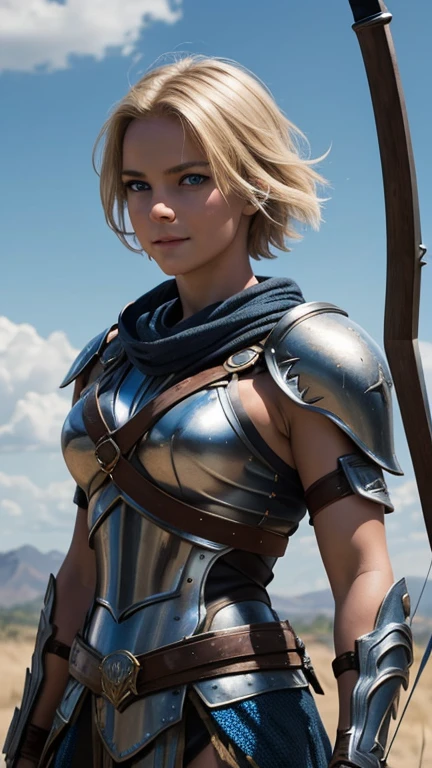 belligerent girl, Valkyrie, bold and beautiful, Short blond hair, Blue eyes, smile, Predator's Gaze, Developing hair, A look over the shoulder, Sparkling steel, Bow and arrows, weapon, heat of battle, battle, Clouds, realistic photo, high quality, masterpiece, detailed study.