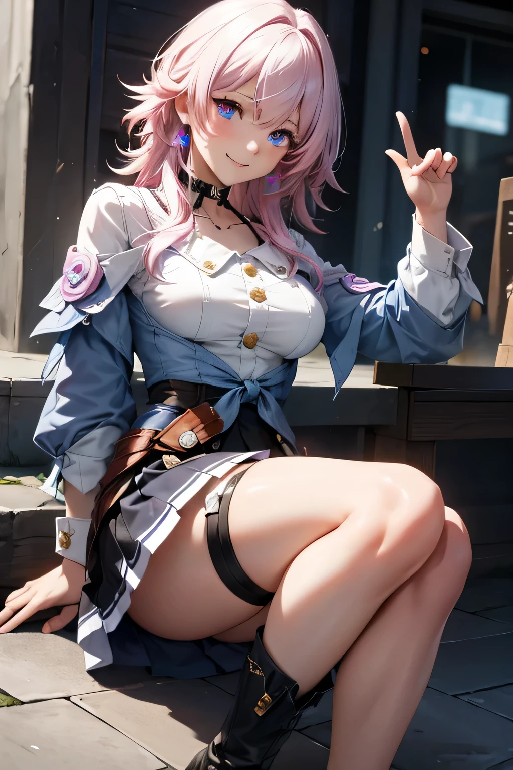 (masterpiece), best quality, expressive eyes, perfect face, 1 girl, solo, march seventh, blue eyes, hair between eyes, medium hair, pink eyes, pink hair, two-tone eyes, breasts, big breasts, large breasts, ankle boots, archery shooting glove, badge, legs, bare legs, thick legs, thight, spread thight, black choker, black corset, black footwear, black gloves, blue jacket, blue skirt, boots, button badge, buttons, choker, collarbone, corset, earrings, flower ornament, gloves, high heel boots, high heels, jacket, jewelry, long sleeves, miniskirt, partially fingerless gloves, pleated skirt, shirt, single earring, single glove, skirt, thigh strap, tied jacket, underbust, white shirt, smiling, city, background, futuristic city, sitting on the ground, knees up, portrait, looking at the viewer, sweating,
