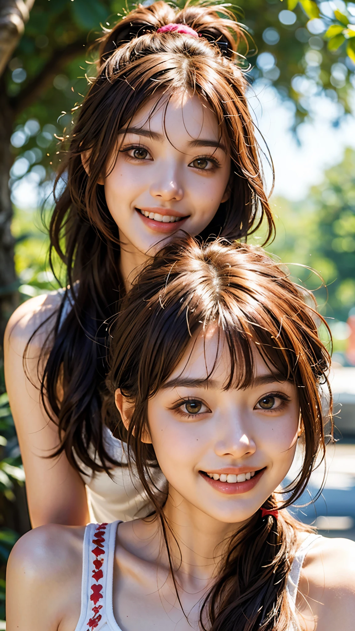 highest quality, masterpiece, ultra high resolution, (realistic:1.4), (close portrait) RAW photo, ((2 girls)), 22 years ago,((Take a cypress bath together)),realistic 日本の写真, saturation, contrast, Pocari Sweat Advertisement ((small breasts)),((toothy smile)),brown hair,