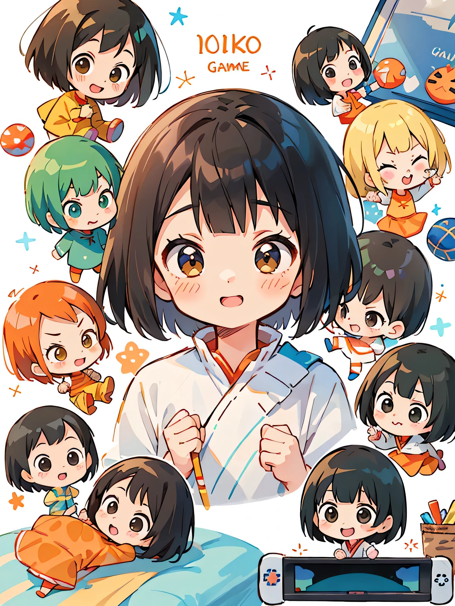 Momoko Sakura style, Kawaii Design, (((10 people)))、most beautiful girl ever、Chibi, Colorful bob hair、((Lots of friends))、children&#39;s room、(((Video games together)))、(((Chibi Maruko-chan)))