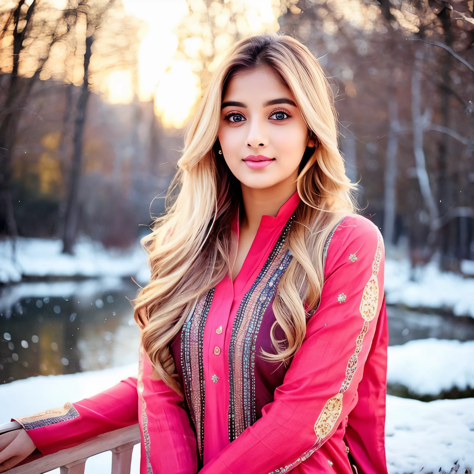 lovely cute young attractive indian girl, brown eyes, gorgeous actress, 25 years old, cute, an Instagram model, long blonde_hair, colorful hair, winter, Indian, wearing salwar-kameez and dupatta