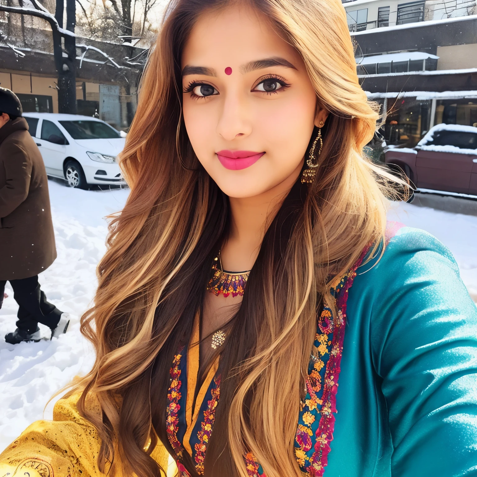 lovely cute young attractive indian girl, brown eyes, gorgeous actress, 25 years old, cute, an Instagram model, long blonde_hair, colorful hair, winter, Indian, wearing salwar-kameez and dupatta