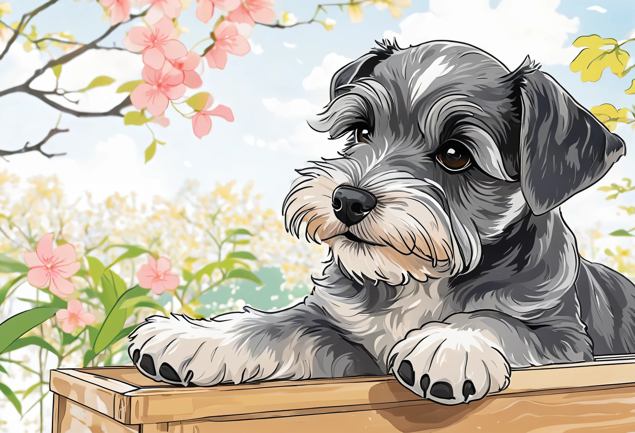 首輪をつけたdogが白い地面に座っている正面, 漫画風のAn illustration, in cartoon style, An illustration , 漫画An illustration, An illustration, Written by hand, 手描きAn illustration,Schnauzer、dog、cute