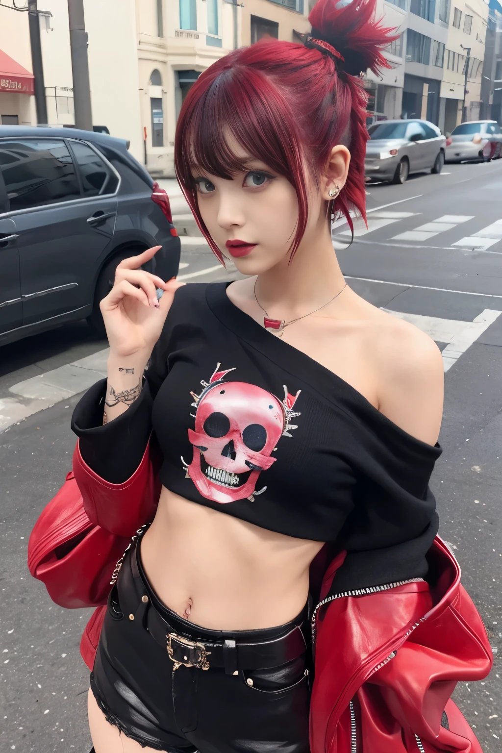 cute punk idol、whole body、good style、、、、、Skull Print Red Punk Costume(off shoulder)、、short hair