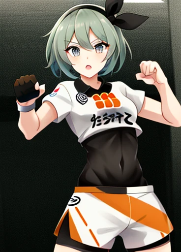 ((highest quality)), ((very detailed)), masterpiece, very detailed顔, Beeutiful face, (fine eyes, deep eyes), (1 girl), cowboy shot, Bee \(Pokemon\), short hair, gray hair, gray eyes, (black skin, 浅black skinの女性), hair band, collared shirt, bodysuit under clothes, Printed shorts, Single Glove, internal, at the gym, fighting pose