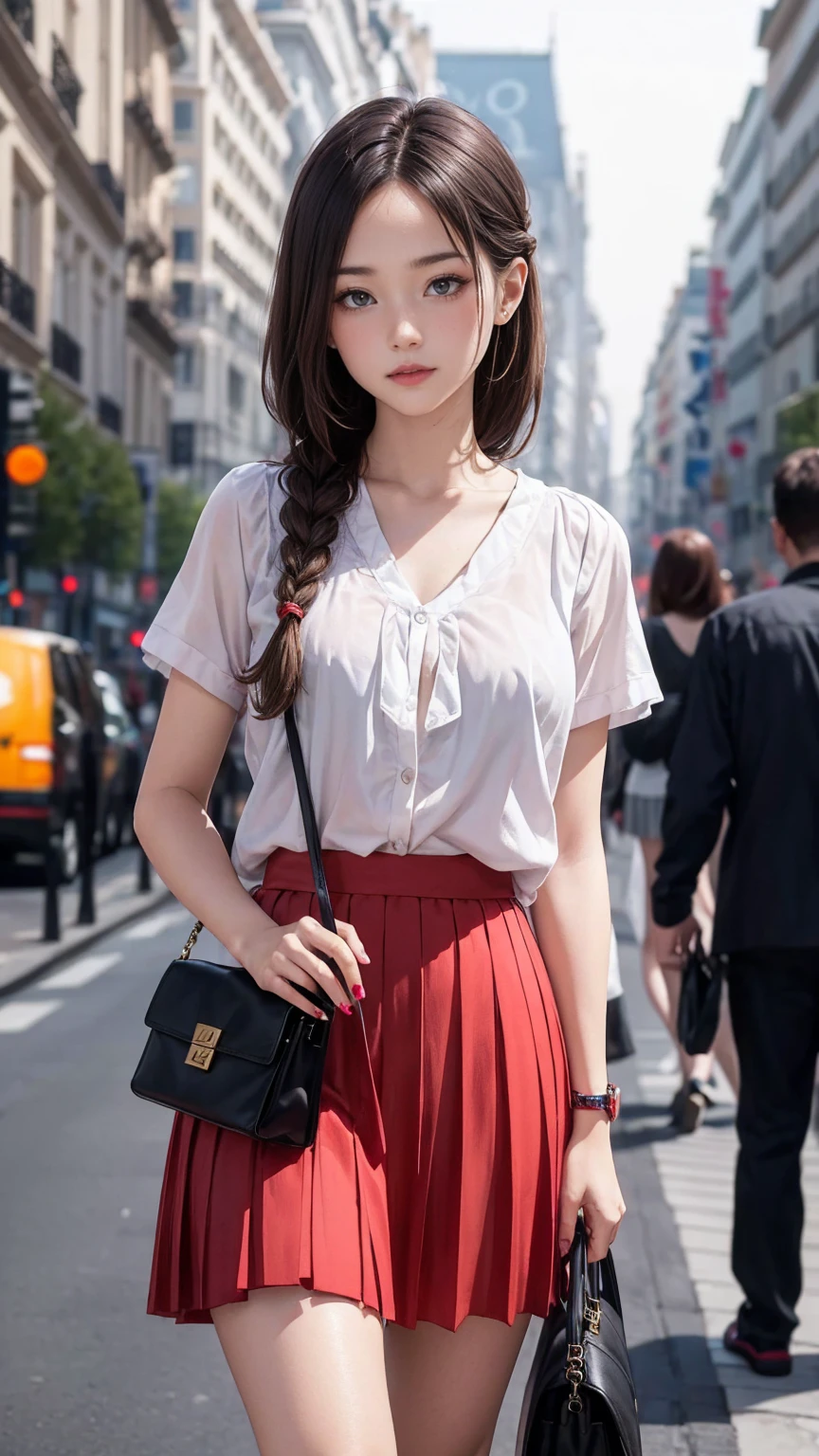 ((最high quality, 8K, masterpiece: 1.3, Ultra HD, high quality, 最high quality, High resolution, realism)) 、(high color saturation:1.0), (highly detailed skin), (最high quality:1.0), (超High resolution:1.0) ,(realistic:1.0), (Super detailed:1.0), (8K, Raw photo:1.1), slender、Slender, muscular body that&#39;s toned like an athlete&#39;s、I don&#39;t want my head to disappear from the screen.、Wear accessories on your wrist、Wearing red nail polish、I have a peticure、cinematic lighting, sparkle 、hair above one eye、Cavalier Blouse((cavalier blouse))wear、Side pleated skirt((side pleats skirt))wear、キャミソールwear、On the Champs Elysées in Paris、Carry a handbag over one&#39;s shoulder、Braided long hair((low-braided long hair))、Brown inner color((colored inner hair))