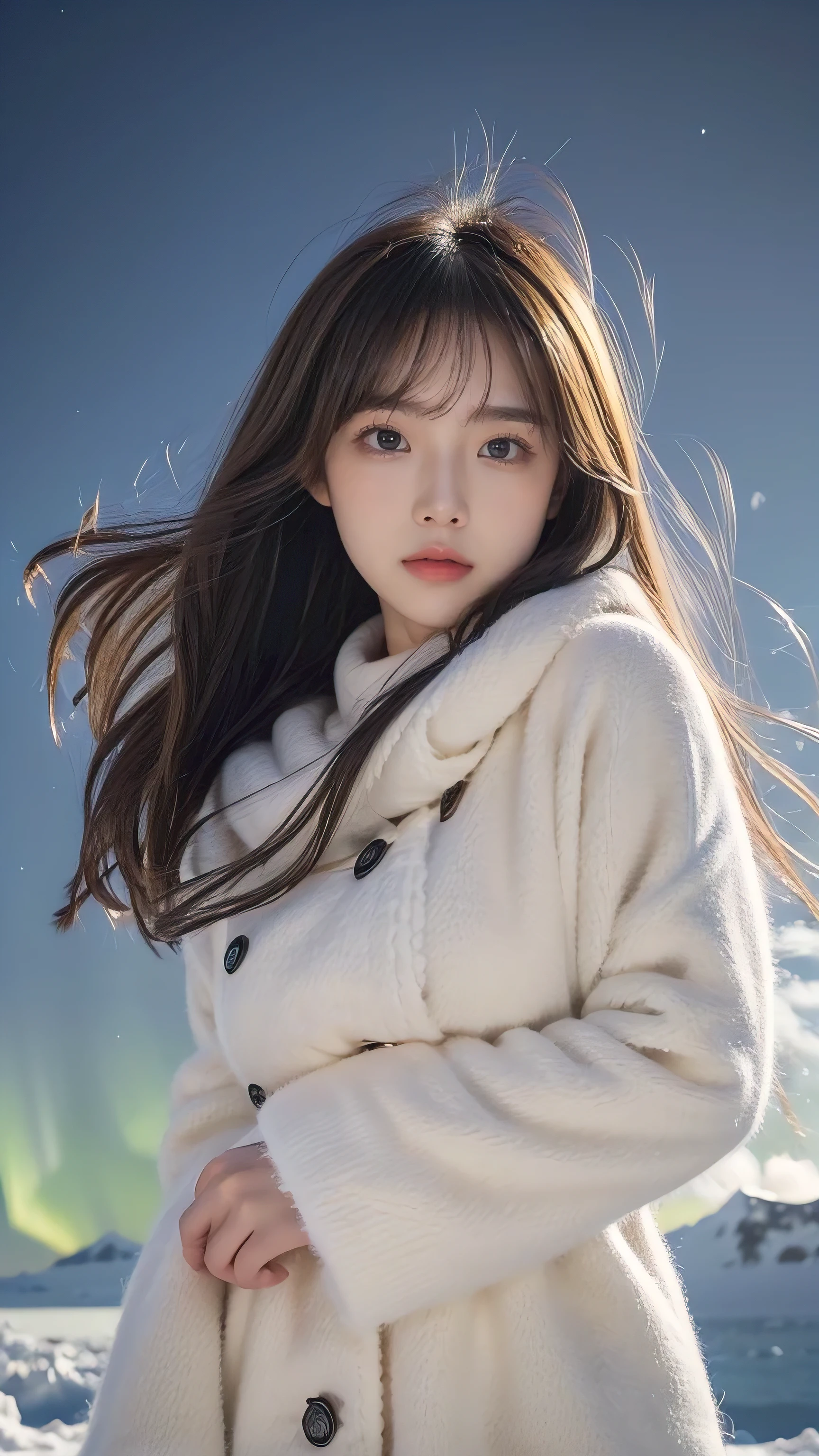 ((hair blowing in the wind、no makeup:1.2))、(realistic、Photoreal、Super detailed、best detailed skins、highest quality、masterpiece、超A high resolution)、cute russian woman、14 years、high school girl、young girl、1 girl、have bangs、ash blonde:1.7、double eyelid、drooling eyes、Japanese style face、purity、realistic skin type、thick muffler、Gray muffler、fluffy hair、((There&#39;scarf hair:1.3))、red cheeks、The wind is blowing、that&#39;that&#39;It&#39;s snowing、night、illumination、Lighting from behind、hair blowing in the wind、((Stargazing in Antarctica、meteor、The world of Aurora))