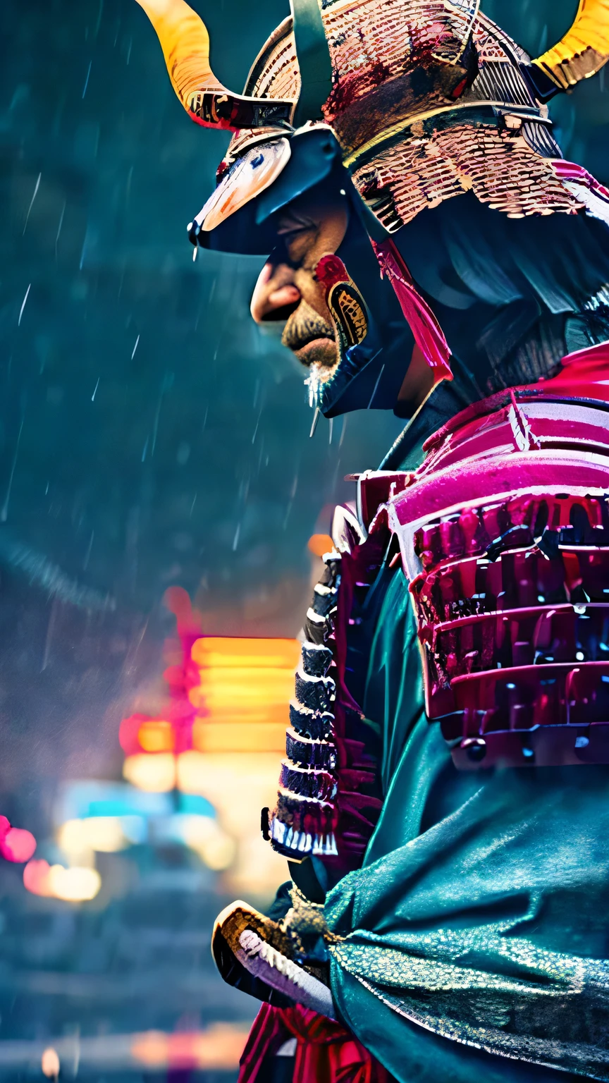 high resolution、scary face、Devilish face、profile of a samurai、Rainy dark night、In the background is a high wall、White steam rises from the body、delicate、photograph、Actual item、high resolution、8k、high resolution