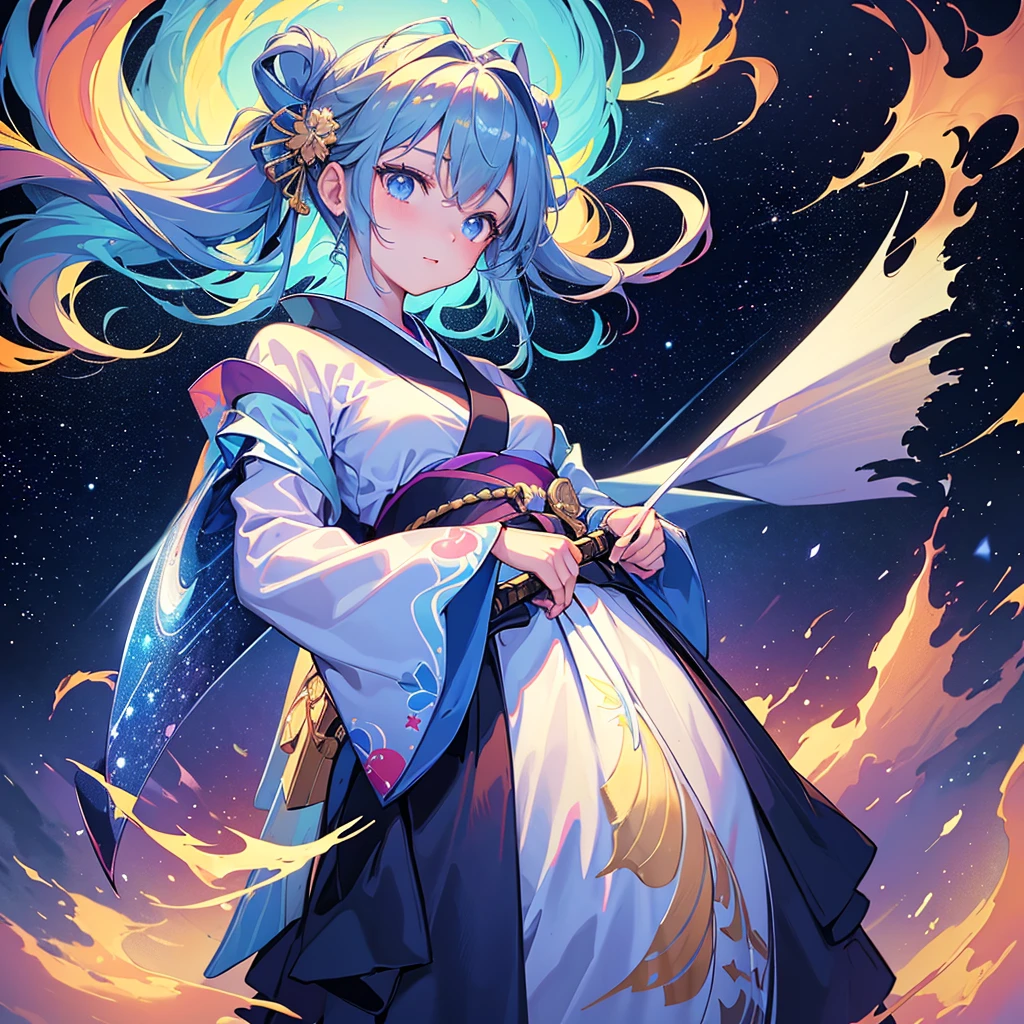 top-quality、Top image quality、masterpiece、girl with、Beautifully shining stars々Glowing cosmic background、Girl in gorgeous Japanese-style kimono、(Standing with a large shining sword)、Fantastic and beautiful