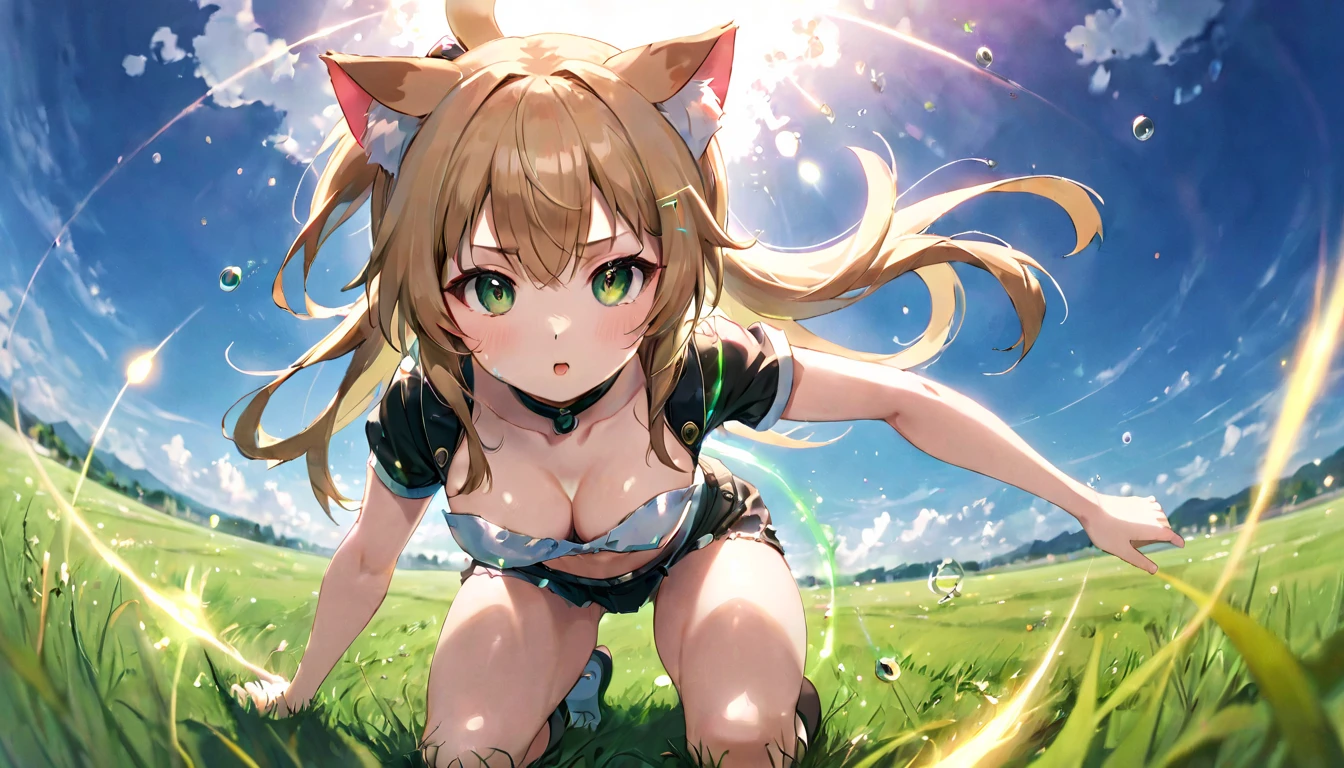 (masterpiece, best quality, very aesthetic, absurdres, general), 1 girl, cat ear, long ponytail, cute, kawaii, blunt bangs,focus on the face, fisheye, particles of light,knee shot shot,medium breasts,destroy ,Grassland,smaller breasts,
Pose that emphasizes the chest