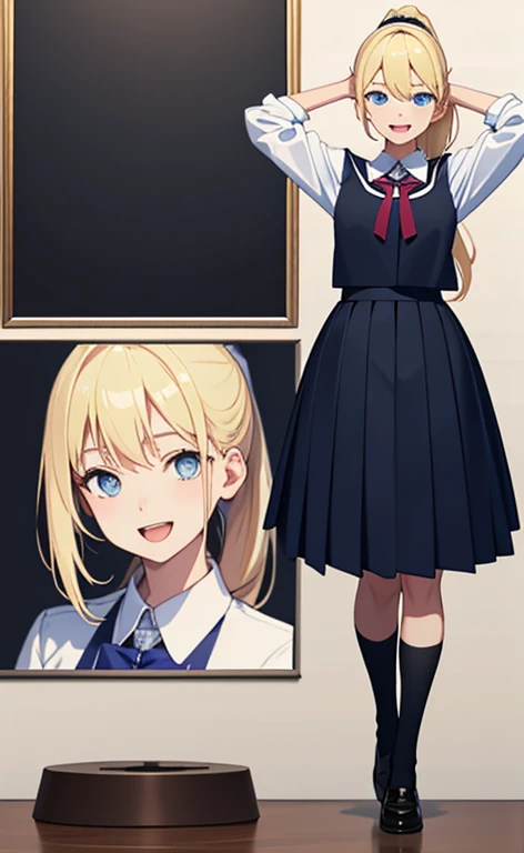(realistic:1.4、​masterpiece、top-quality、8k size wallpaper、offcial art)、(portrait,full body:1.6)、(1girl),(seductive smile,Open mouth:1.3),(half closed eyes),cute face,blue eyes、(arms behind heads:1.5)、
,(stand),(Shining smile),
,(slender),(school uniform),(ponytail、long fluorescence blonde hair1.3), (small breasts)、
、fluorescence、classroom,JK、
