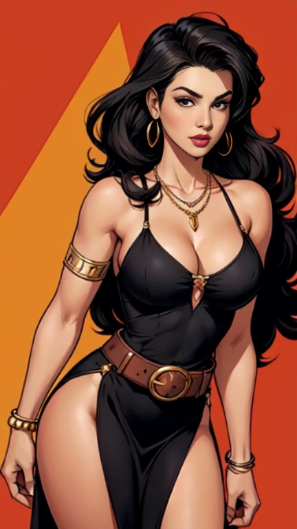 1woman 30year old, pin-up,solo, long hair, looking at viewer, black hair, cleavage, bare shoulders, brown eyes, jewelry, medium breasts, earrings, slit soft dress, belt, necklace, bracelet, lips, armlet, ((dynamic angle)),