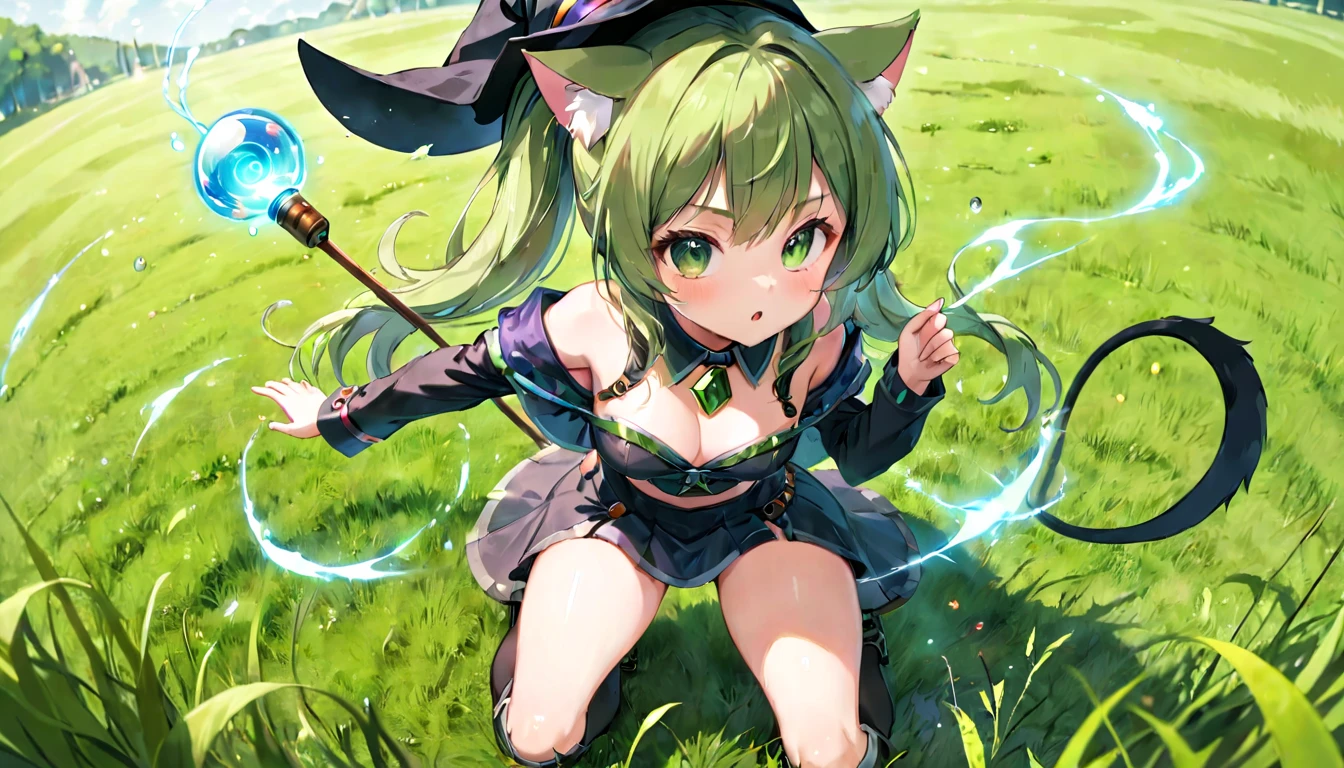 (masterpiece, best quality, very aesthetic, absurdres, general), 1 girl, cat ear, long ponytail, cute, kawaii, blunt bangs,focus on the face, fisheye, particles of light,knee shot shot,medium breasts,destroy ,Grassland,smaller breasts,
Pose that emphasizes the chest,Witch, woman playing a grass whistle