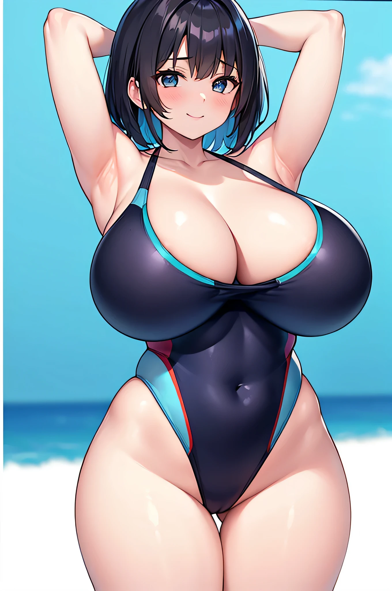 ((beautiful armpits:1.5)), (1girl:1.5),(under breasts:2.0),(Smile Beam:1.5),((huge breasts:1.8)),(huge saggy breasts:1.8), ((cleavage:1.5)),((blue competition swimsuit:2.0)),((High leg:1.5), 20 years old,masterpiece,hyper quality, very detailed,perfect picture,3D,8k,High resolution,seductive anime girl, medium hair:1.3,black hair,(black eye:1.5),sporty hairstyle,Smooth anime CG art,