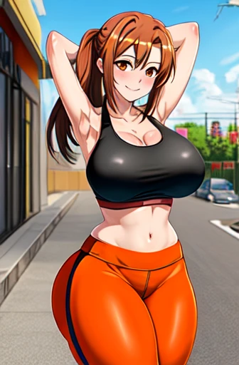 masterpiece, highest quality, Asuna Yuuki in a sports bra and yoga pants, huge breasts, saggy breasts, KC Style, She has her arms behind her back, looks at the viewer and smiles., brown eyes, outdoor, street, wide hips, thick thighs,dynamic pose, bright orange hair