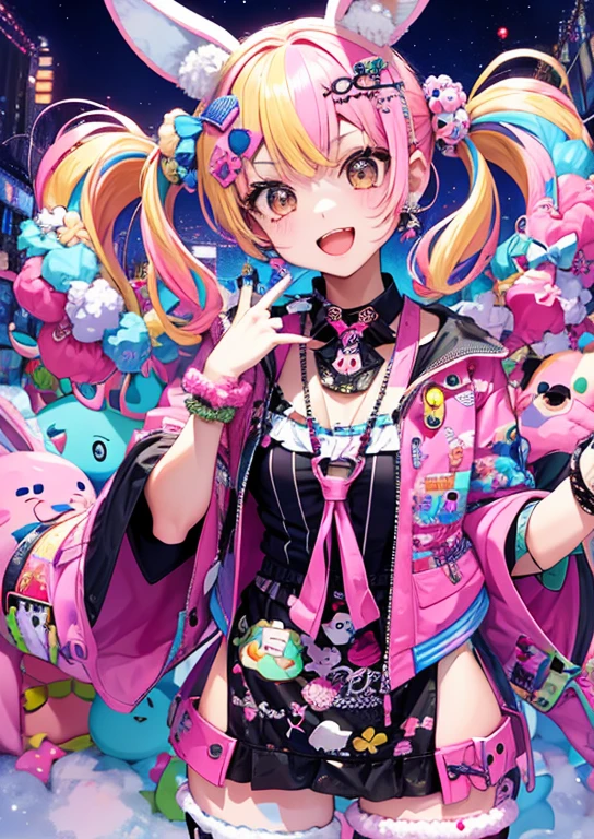 "A single girl with a decora street fashion-inspired look, rocking a crazy harajuku style. She wears legwarmers and big platform shoes, and has her hair styled in adorable pigtails. The scene is set at nighttime, hairpins, accesories, bunny ears with pattern inside, striped "