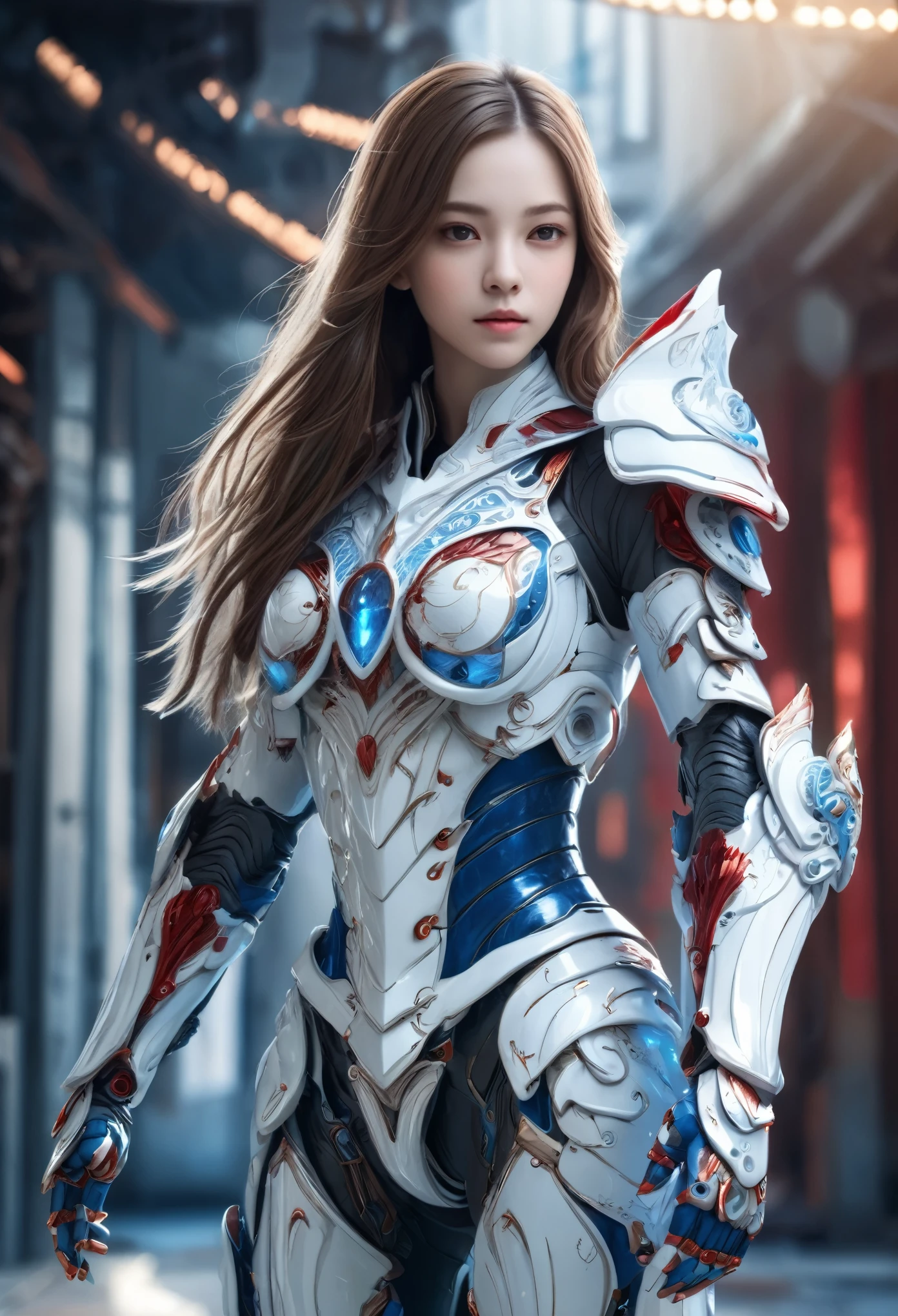 front_view, masterpiece, highest quality, realistic, Raw photo, (1 girl, looking at viewer), long hair, Mechanical White Armor, Complex Armor, Delicate blue filigree, Complex filigree, Red metallic parts, Details, dynamic pose, detailed background, dynamic lighting,