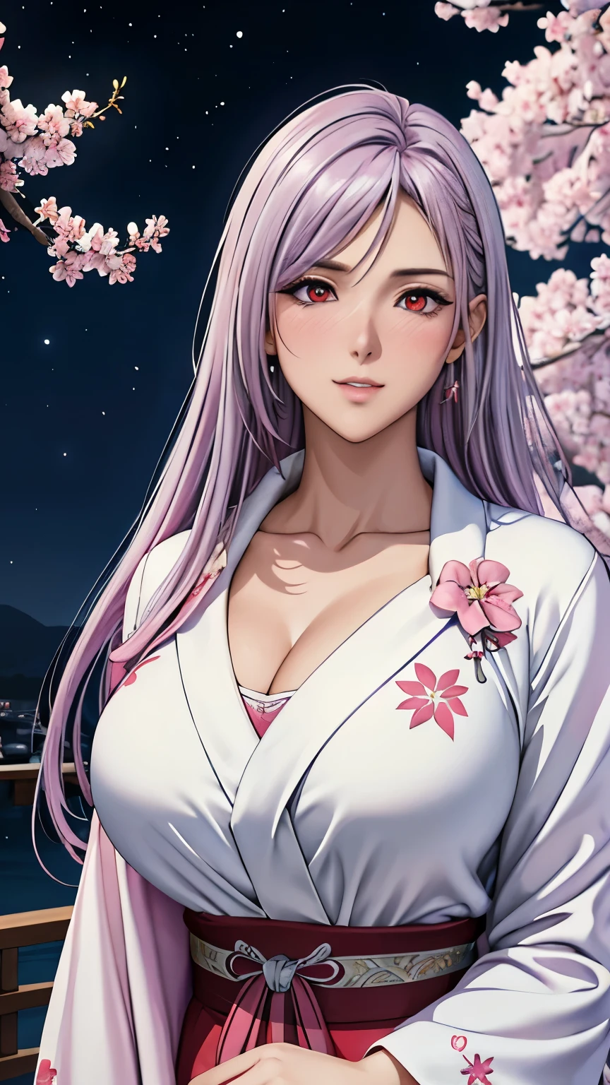 red eyes, (highest quality, masterpiece painting:1.3), immature woman, 16 years old, (half body shot), masterpiece, ultra high resolution, (Photoreal:1.0), light purple hair,straight hair, beautiful shining hair, white and shining skin, ((Ultra realistic details)), octane rendering, highly detailed face, (big breasts:0.8), (make a heart with hands),（(Translucent white robe),  (pink feather robe,Layering), White cherry blossom embroidery pattern, silver earrings,（milky way galaxy), Hair flutters under the influence of the wind, Japanese garden with beautiful cherry blossoms at night, Mysterious night sky, Beautiful Landscapes, sharp focus, intricate details, professional artwork, (bright colors:1.1), bright colors, diffused lighting, digital blending, ultra-definition body, ultra detail hair, super detailed face, that&#39;It&#39;s trending on pixiv, top button open, Cute gaze, compensate, perfect lips, perfect compensate, Ultra-precision coating,  (light_smile:0.8), (Very embarrassed:1.2), blush your nose,