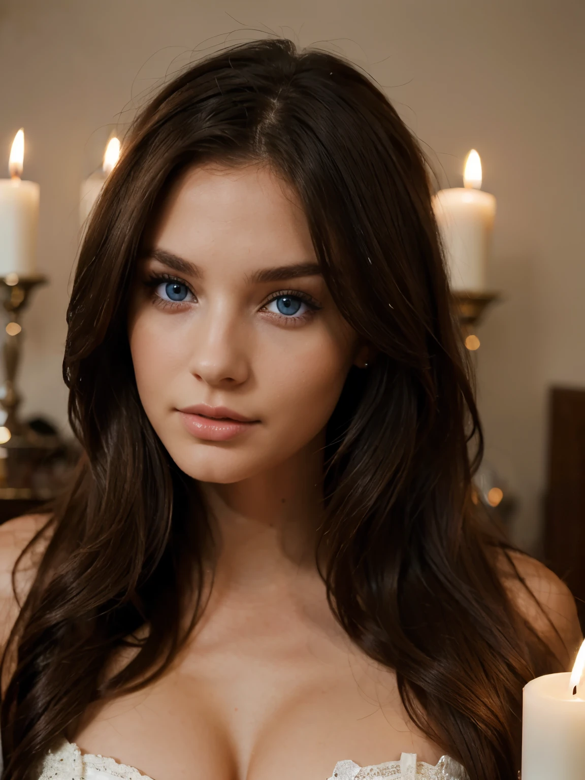 women, Model, Hair, Brunette, Looking At Viewer, blue Eyes, candles