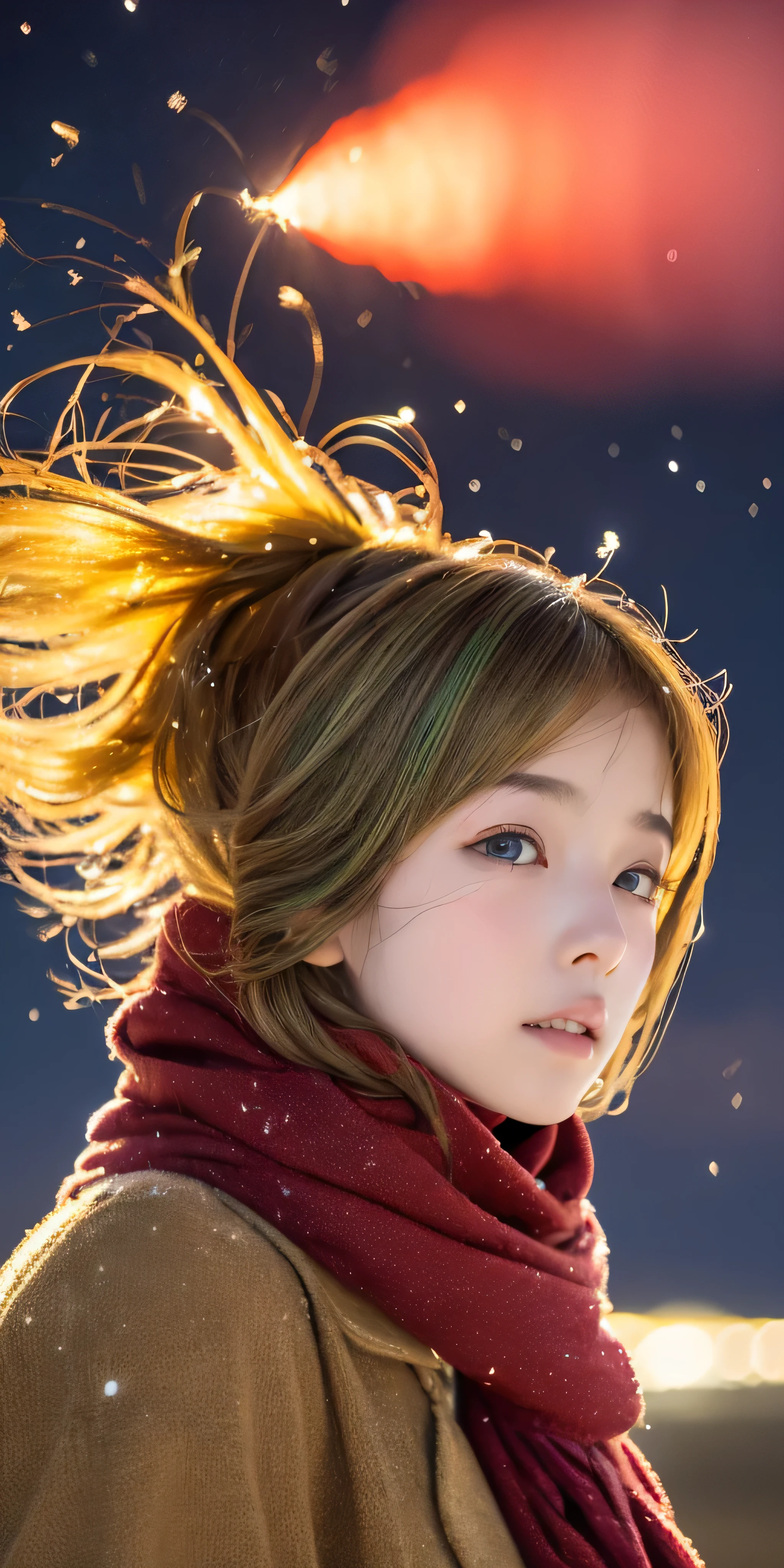 ((hair blowing in the wind、no makeup:1.2))、(realistic、Photoreal、Super detailed、best detailed skins、highest quality、masterpiece、超A high resolution)、cute russian woman、14 years、high school girl、young girl、1 girl、have bangs、ash blonde:1.7、double eyelid、drooling eyes、Japanese style face、purity、realistic skin type、thick muffler、Gray muffler、fluffy hair、((There&#39;hair in scarf:1.3))、red cheeks、The wind is blowing、that&#39;It&#39;s snowing、night、illumination、Lighting from behind、hair blowing in the wind、((Antarctica、A meteor shower、A world view of the aurora))