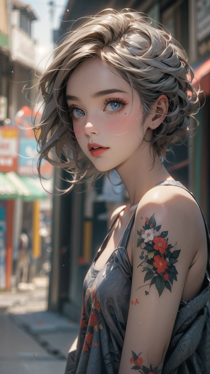 (masterpiece, High resolution, highest quality), ((20 year old woman, Composition from head to thighs, Upper body focus)), fashion pose, detailed eyes, Avant-garde makeup, messy short hair:1.2, ash gray hair, Tank top, tattoo all over the body, blurred background, The deserted backstreets of Cuba:1.3, cinematic lighting, anime style, simple lines, digital painting,