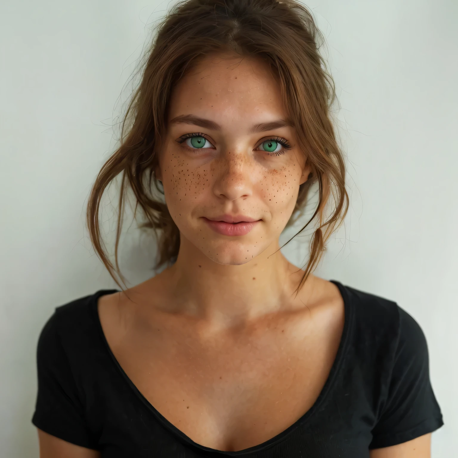 A portrait of an attractive woman with brown hair and green eyes wearing black tshirt, , sitting in a coffee shop drinking coffee using Canon EOS R5 camera with standard lens, shallow depth of field, soft lighting, and natural colors. The subject is centered in frame with a slight smile on her face. She has some freckles around one eye and wears minimal makeup. Her shirt appears to be slightly too large for her shoulders, adding to its relaxed appearance.
