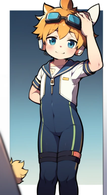 2D Boy Shota,One-piece mountaineering suit,Slim, healthy body,Put the headphones on your head,stand up,goggles,Rabbit ears,happy,Sailor collar,tie,zipper,short sleeves,Lovely