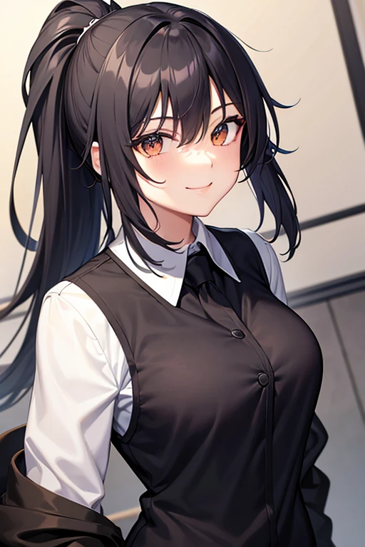 Ponytail Black,student,Large chest eyes,woman,cool,Eyes,10 equipment,smile,uniform
