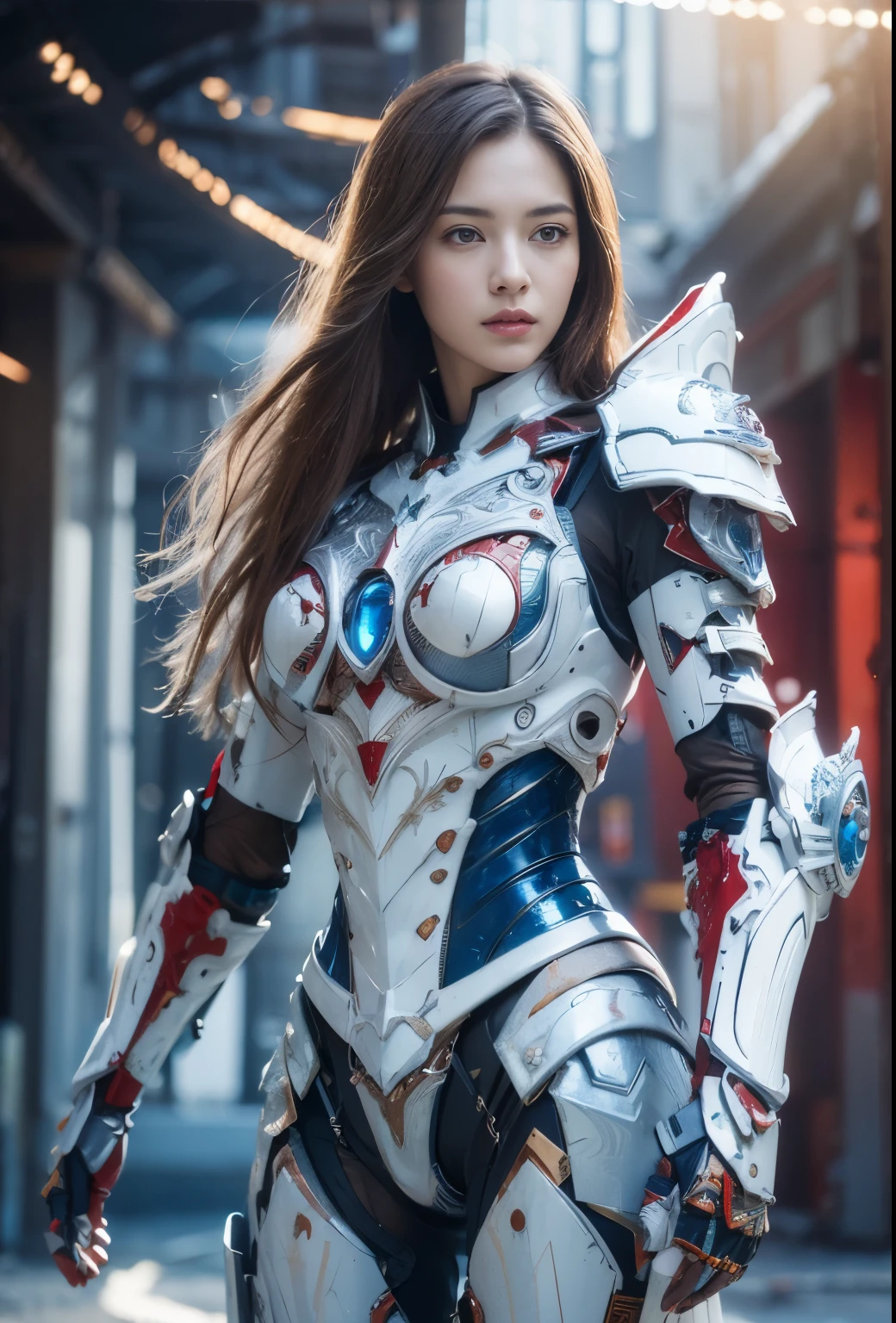 front_view, masterpiece, highest quality, realistic, Raw photo, (1 girl, looking at viewer), long hair, Mechanical White Armor, Complex Armor, Delicate blue filigree, Complex filigree, Red metallic parts, Details, dynamic pose, detailed background, dynamic lighting,