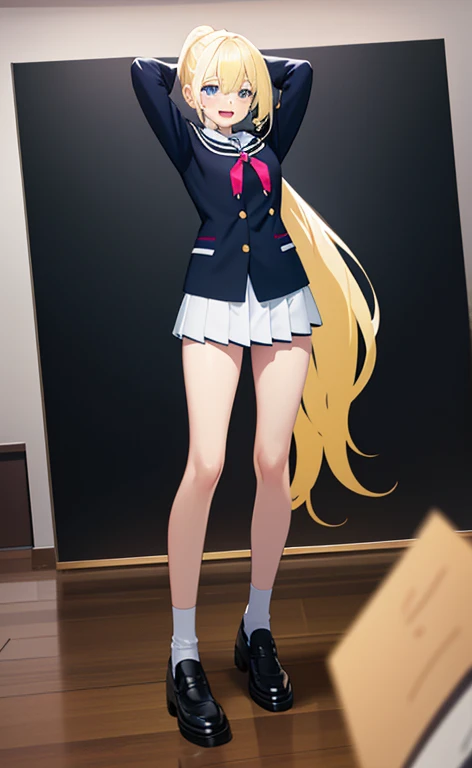 (realistic:1.4、masterpiece、top-quality、8k size wallpaper、offcial art)、(character focus、portrait,full body:1.6)、(1girl),(seductive smile,Open mouth:1.3),(half closed eyes),cute face,blue eyes、(arms behind heads:1.5)、
,(stand),(Shining smile),
,(slender),(school uniform),(ponytail、long fluorescence blonde hair1.3), (small breasts)、
、fluorescence、classroom,JK、