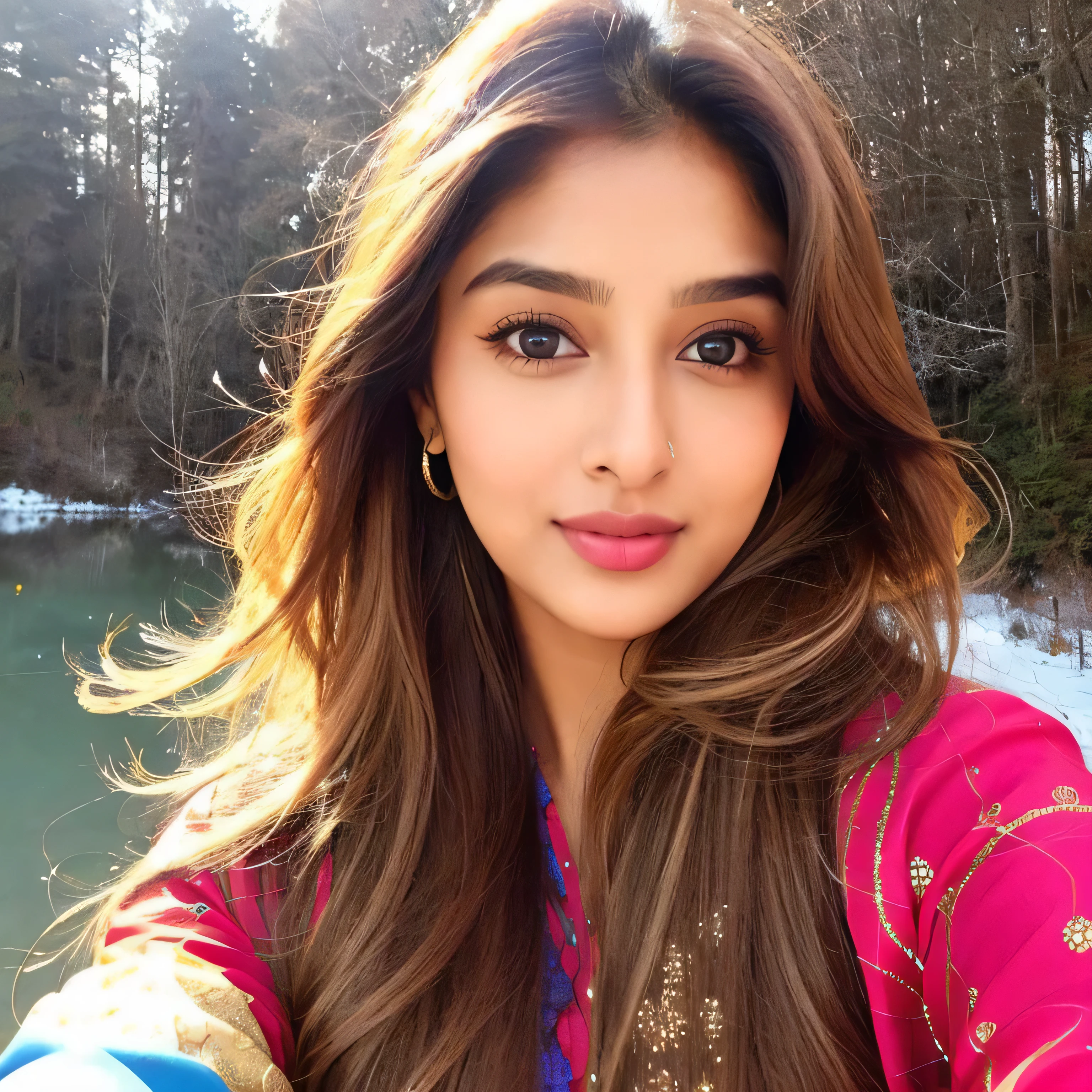 lovely cute young attractive indian girl, brown eyes, gorgeous actress, 25 years old, cute, an Instagram model, long blonde_hair, colorful hair, winter, Indian, wearing salwar-kameez and dupatta