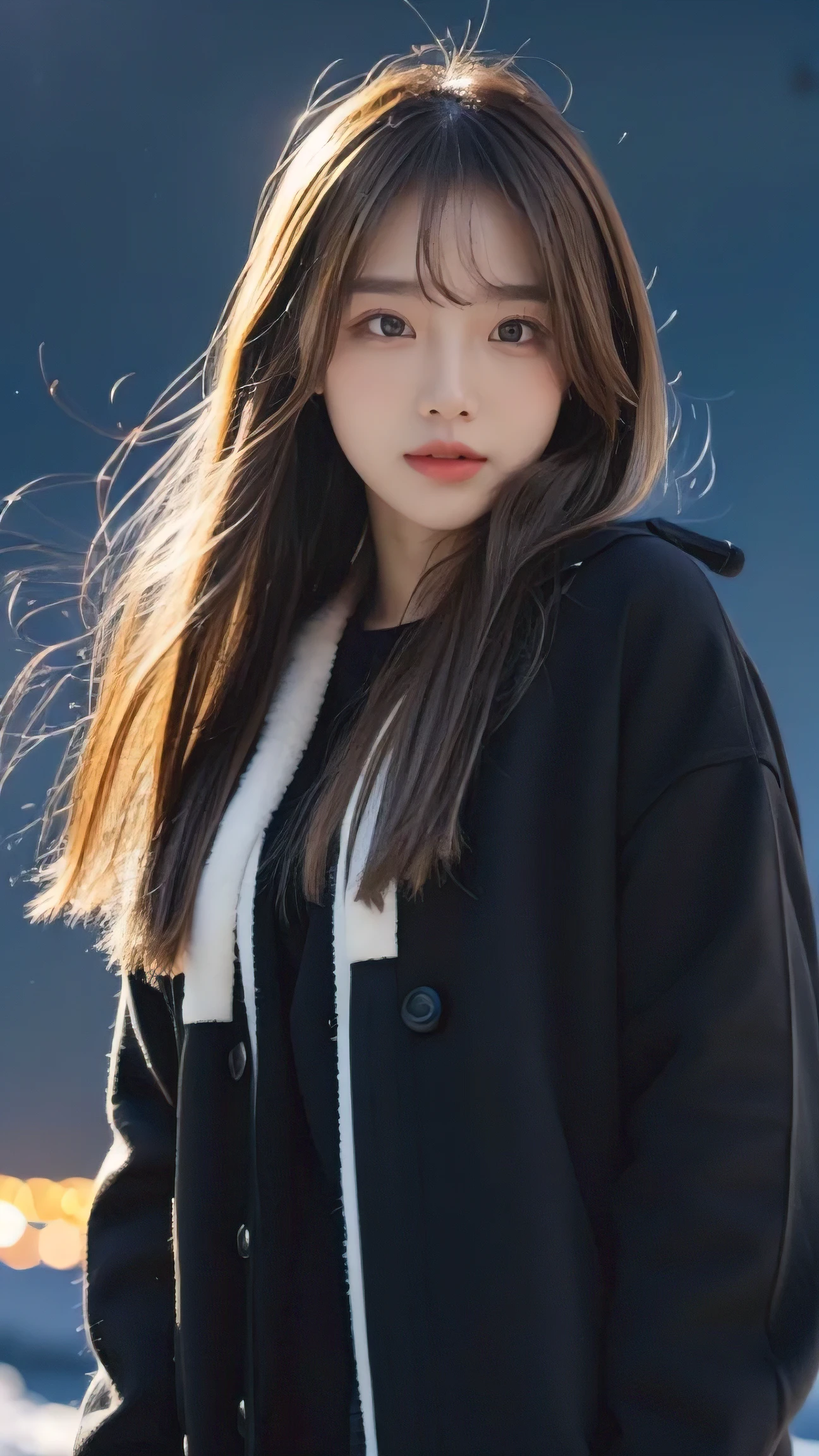 ((hair blowing in the wind、no makeup:1.2))、(realistic、Photoreal、Super detailed、best detailed skins、highest quality、masterpiece、超A high resolution)、cute russian woman、14 years、high school girl、young girl、1 girl、have bangs、ash blonde:1.7、double eyelid、drooling eyes、Japanese style face、purity、realistic skin type、thick muffler、、fluffy hair、red cheeks、The wind is blowing、that&#39;that&#39;It&#39;s snowing、night、illumination、Lighting from behind、hair blowing in the wind、((Stargazing in Antarctica、meteor、The world of Aurora))