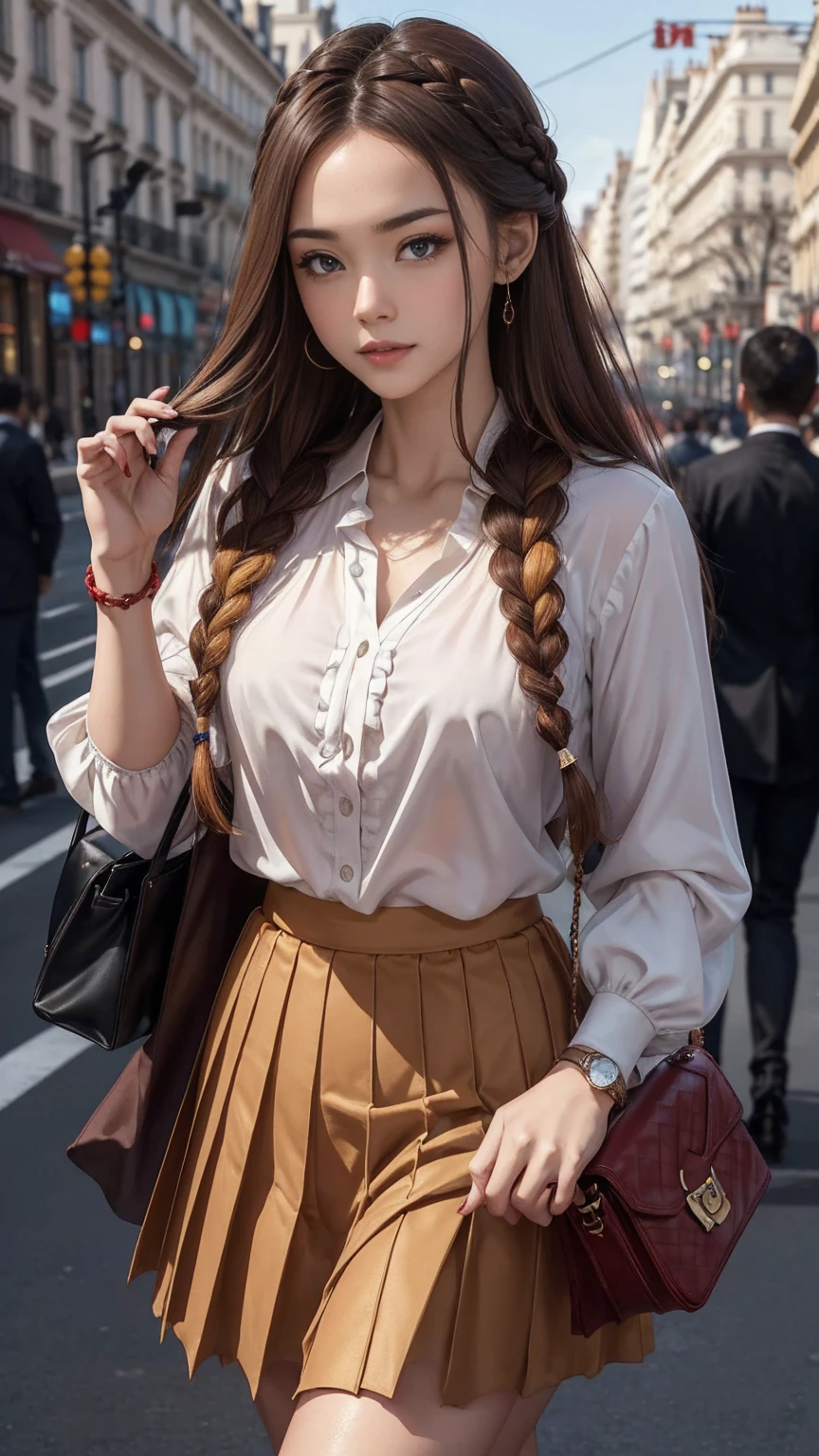 ((最high quality, 8K, masterpiece: 1.3, Ultra HD, high quality, 最high quality, High resolution, realism)) 、(high color saturation:1.0), (highly detailed skin), (最high quality:1.0), (超High resolution:1.0) ,(realistic:1.0), (Super detailed:1.0), (8K, Raw photo:1.1), slender、Slender, muscular body that's toned like an athlete's、I don't want my head to disappear from the screen.、Wear accessories on your wrist、Wearing red nail polish、I have a peticure、cinematic lighting, sparkle 、hair above one eye、Cavalier Blouse((cavalier blouse))wear、Side pleated skirt((side pleats skirt))wear、キャミソールwear、On the Champs Elysées in Paris、Carry a handbag over one's shoulder、Braided long hair((low-braided long hair))、Brown inner color((colored inner hair))