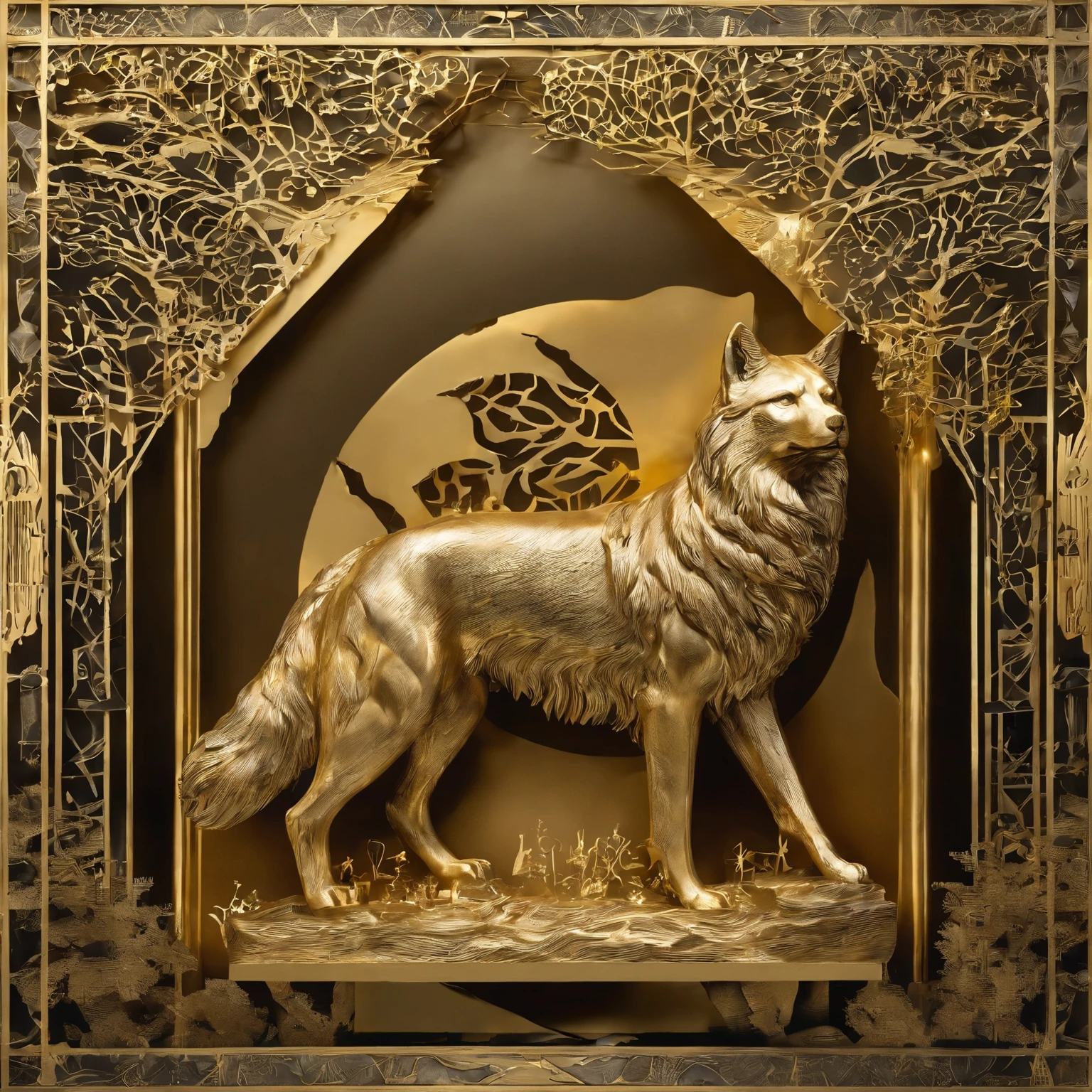 In the dimly lit forest, a golden sculpture stands tall, crafted meticulously with gold leaf. The sculpture's surface is adorned with intricate textures and shapes, giving it a sense of depth and dimension. The golden artwork catches the moonlight, casting a radiant glow all around. As the night deepens, the sound of wolves howling at the moon fills the air, adding an eerie ambiance to the scene. The sculpture exudes an aura of mystery and elegance, captivating anyone who lays eyes upon it.

Tags: golden sculpture, textured, intricate shapes, gold leaf, dimly lit forest, radiant glow, moonlight, wolves howling, eerie ambiance, mystery, elegance