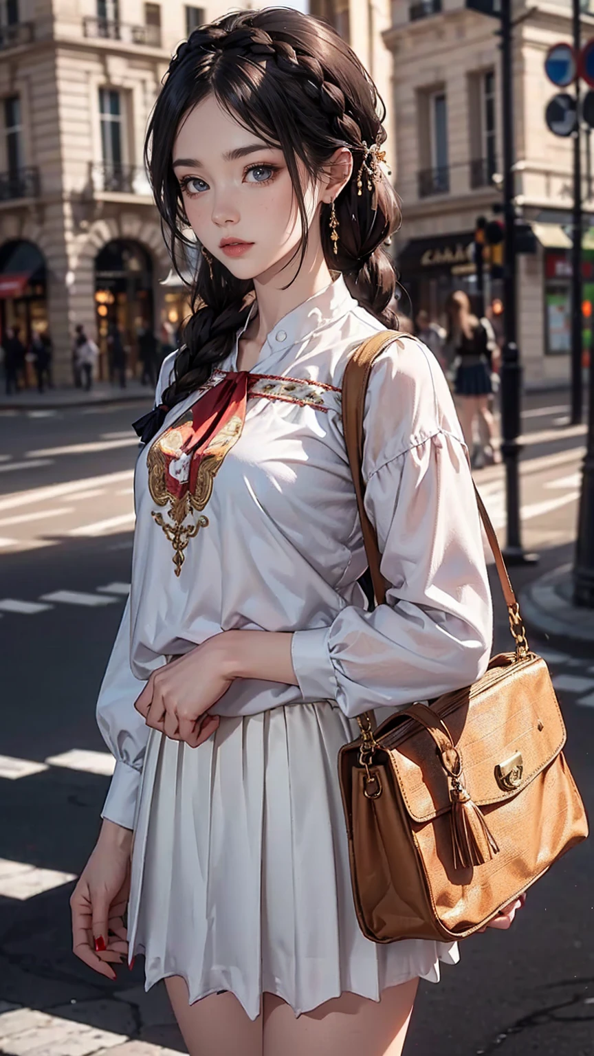 ((最high quality, 8K, masterpiece: 1.3, Ultra HD, high quality, 最high quality, High resolution, realism)) 、(high color saturation:1.0), (highly detailed skin), (最high quality:1.0), (超High resolution:1.0) ,(realistic:1.0), (Super detailed:1.0), (8K, Raw photo:1.1), slender、Slender, muscular body that's toned like an athlete's、I don't want my head to disappear from the screen.、Wear accessories on your wrist、Wearing red nail polish、I have a peticure、cinematic lighting, sparkle 、hair above one eye、Cavalier Blouse((cavalier blouse))wear、Side pleated skirt((side pleats skirt))wear、キャミソールwear、On the Champs Elysées in Paris、Carry a handbag over one's shoulder、Braided long hair((low-braided long hair))、Brown inner color((colored inner hair))