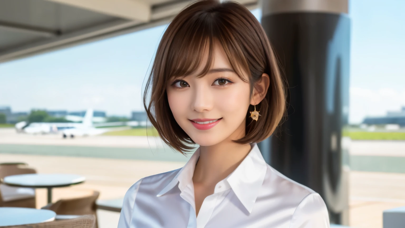product quality, upper body shot, Stylish cafe terrace at the airport, beauty salon model, young beautiful japanese woman, short bob hair, hyper pretty face, glamorous, I wear a satin silk white shirt with short sleeves and long sleeves with a collar, A big smile on the airport cafe terrace, glossy lips, double eyelids of both eyes, natural makeup, long eyelashes, Shiny and smooth light brown hair, asymmetrical bangs, sunburned skin, center image, High resolution, high detail, detailed hairstyle, detailed face, movie lighting, surreal, perfect body,Before leaving for overseas travel