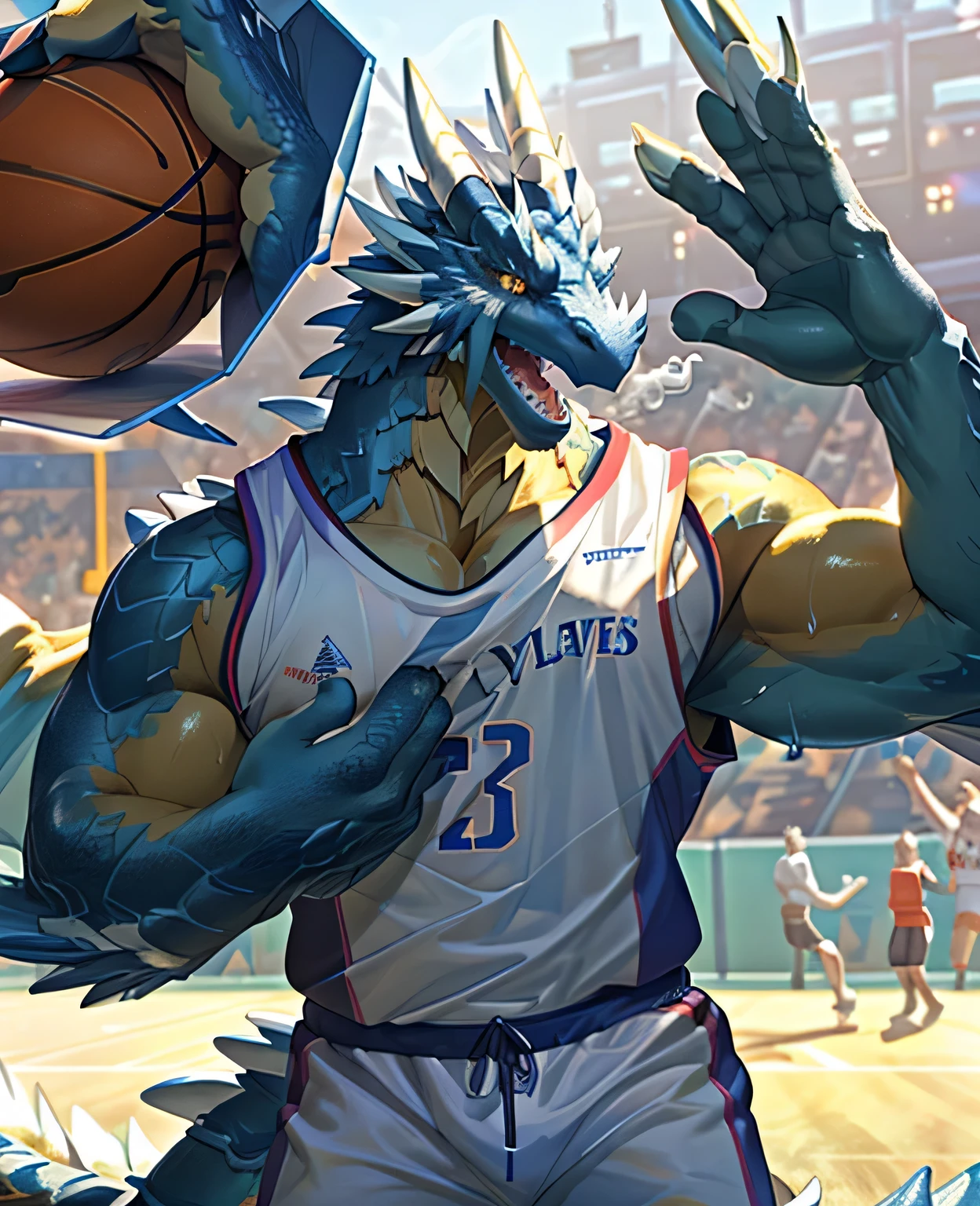 Publaz, (dragon), Golden fur, Two-color, golden eyes, (muscular body:1.3), perfect eyes, Handsome, OK,(white basketball jersey), (on the playground),(Express), sports field background,(close up),(happy eyes:1.2),look at screen,(dragon horn),(Dragon tail),different students,A perfect masterpiece,(16K),white belly,alone,((Strong)),(sports field background),(Sweat),(dick:1.2),Perfect proportion,front,blush,(Wave hello，Watching you:1.5),(Basketball in hand:1.3),(Open your mouth slightly and breathe.:1.2),(close range:1.2),(clothes soaked with Sweat:1,3),Strong,muscle,more details,CG,