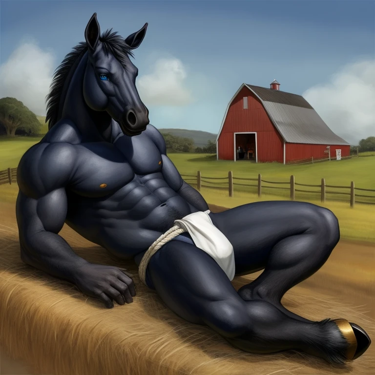 Furry, Antro, Horse Black, Fundoshi bulto, Fundoshi White, Solo, Bulto Male, Hooves ,Detallado, cuerpo completo, cuerpo furry, lying, Blue eyes, Farm, campo de mazorcas, Gold Eyes
