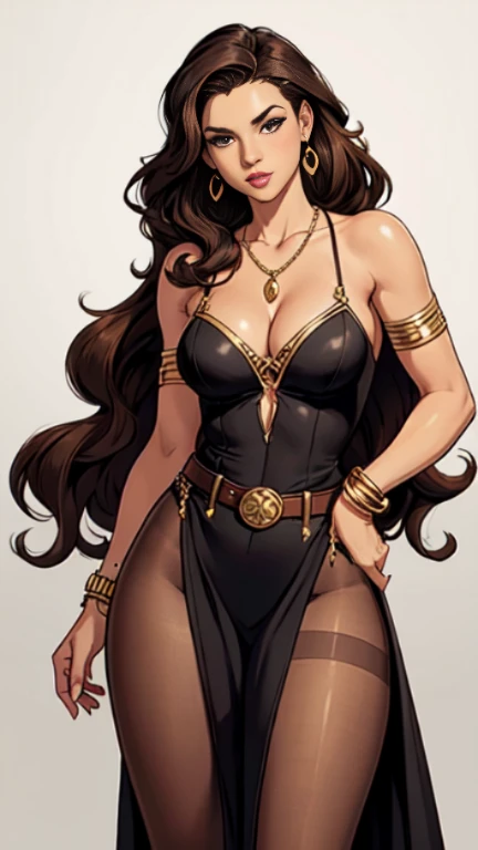 1woman 30year old, pin-up,solo, long hair, looking at viewer, long curly hair, cleavage, bare shoulders, brown eyes, jewelry, medium breasts, earrings, slit soft dress, pantyhose,belt, necklace, bracelet, lips, armlet, ((dynamic angle)),