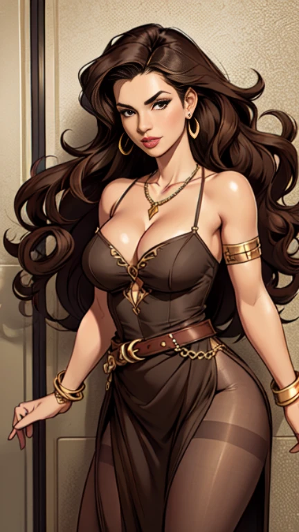 1woman 30year old, pin-up,solo, long hair, looking at viewer, long curly hair, cleavage, bare shoulders, brown eyes, jewelry, medium breasts, earrings, slit soft dress, pantyhose,belt, necklace, bracelet, lips, armlet, ((dynamic angle)),