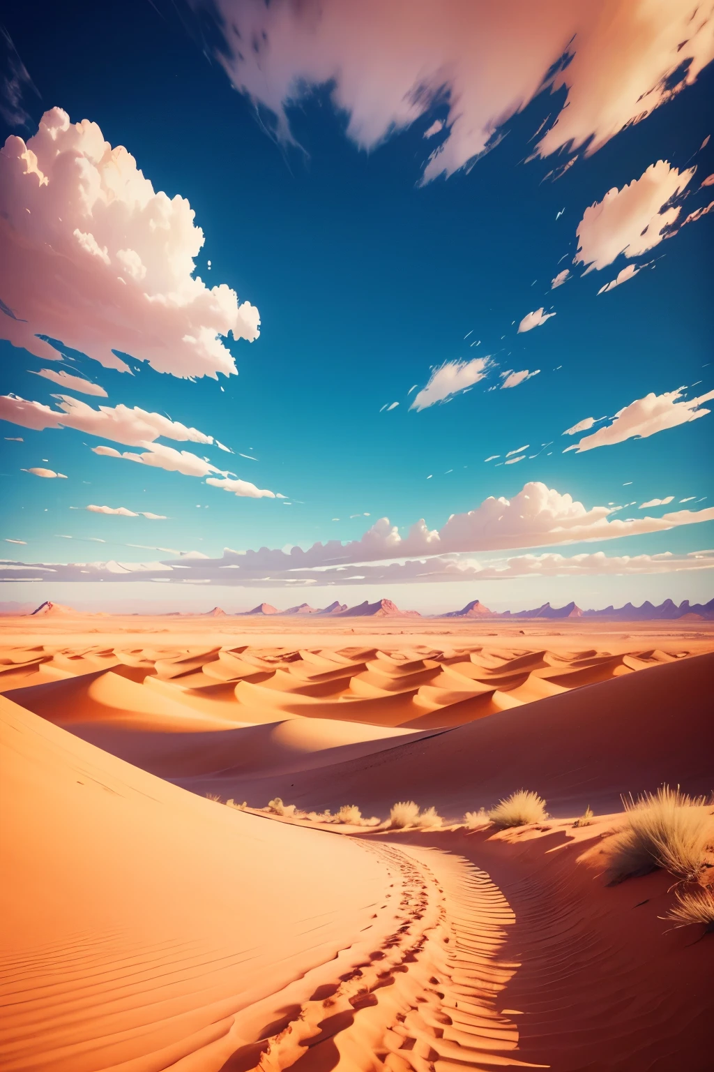 desert, red dunes, blue sky, clouds, anime, background
