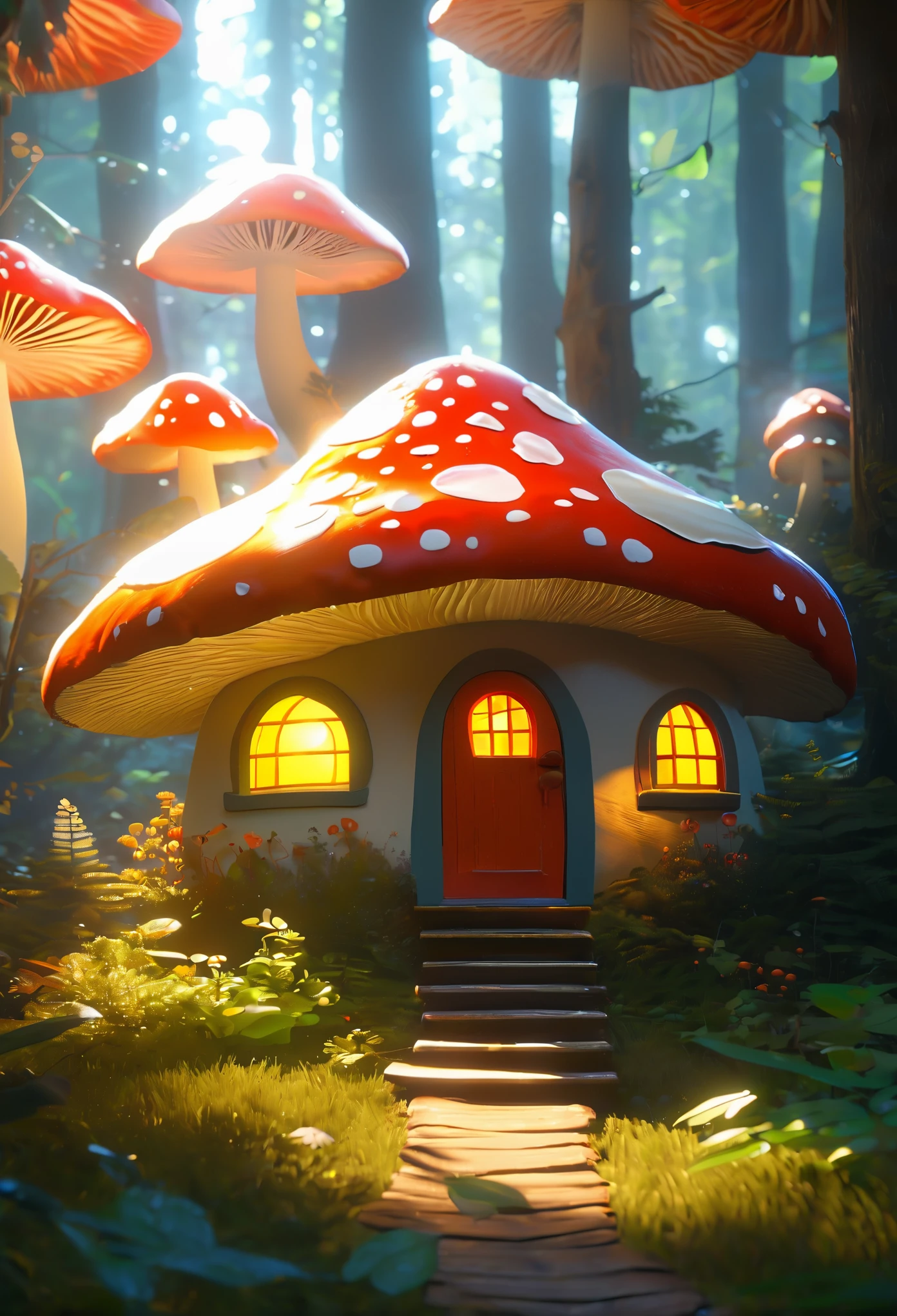 illustration，painting，acrylic painting，Tyndall effect，Tyndall lighting enhancement，Tyndall effect strengthens，close shot，Cute colorful big mushroom house in dense forest，Sunlight shines through the branches and creates shadows on the roof，Particles floating in the sun，Strong light and dark，Tyndall effect，Tyndall lighting enhancement，Tyndall effect strengthens，Realistic light rendering，Realistic ray tracing，Realistic light reflections，8k，Super fine，Super realistic，Extreme details，dynamic perspective