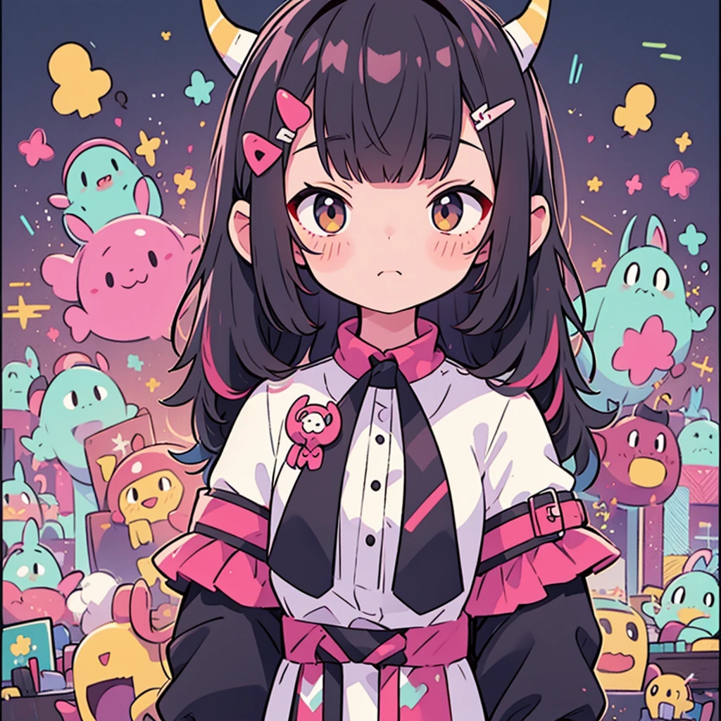 1 person、girl、cute、Small devil、horn、color palette(purple、white、black hair)