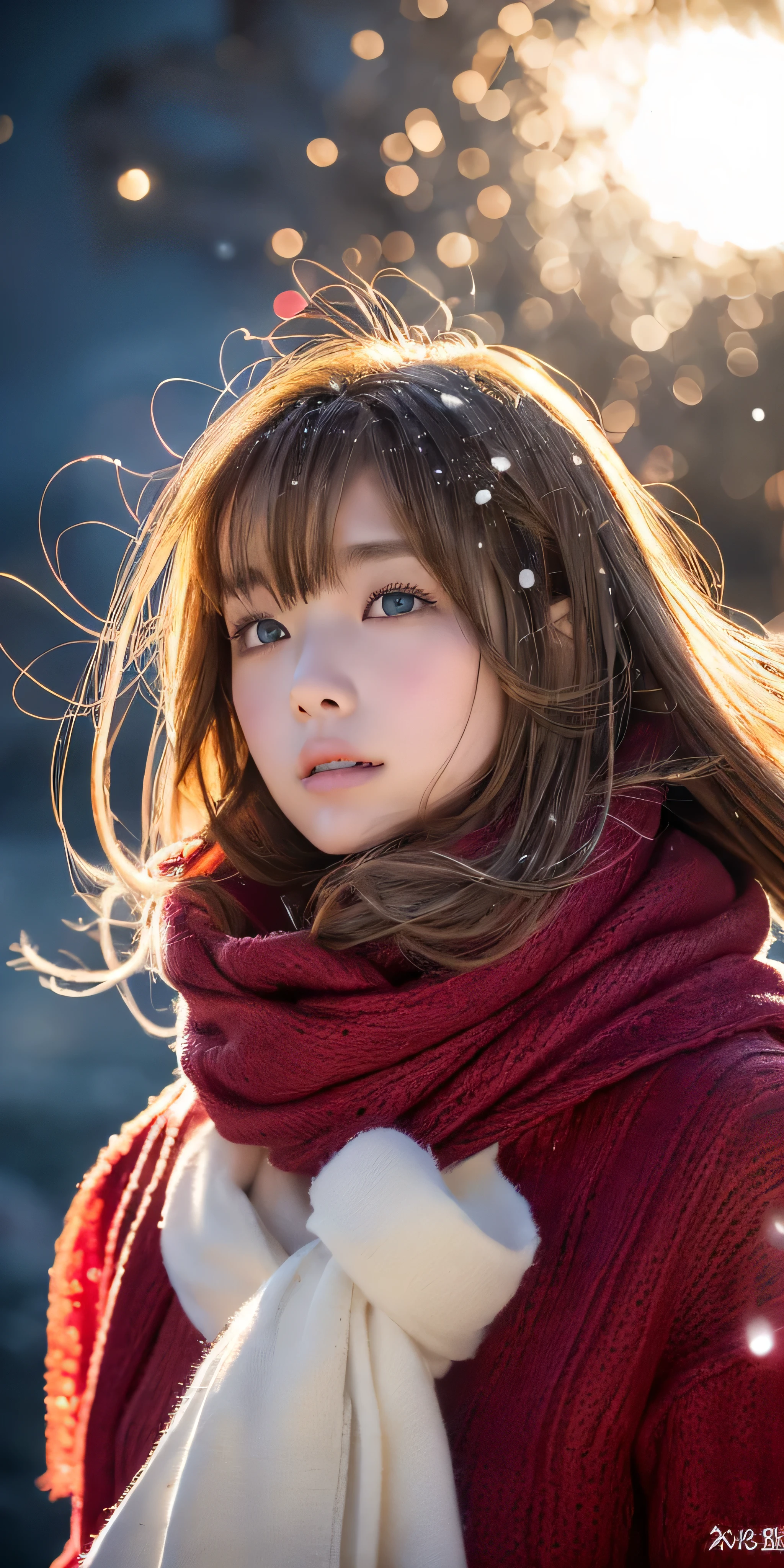 ((hair blowing in the wind、no makeup:1.2))、(realistic、Photoreal、Super detailed、best detailed skins、highest quality、masterpiece、超A high resolution)、cute russian woman、14 years、high school girl、young girl、1 girl、have bangs、ash blonde:1.7、double eyelid、drooling eyes、Japanese style face、purity、realistic skin type、thick muffler、Red muffler、fluffy hair、((There'hair in scarf:1.3))、red cheeks、The wind is blowing、that'It's snowing、night、illumination、Lighting from behind、hair blowing in the wind、((Antarctica、A meteor shower、A view of the world where the aurora changes color from green to red))