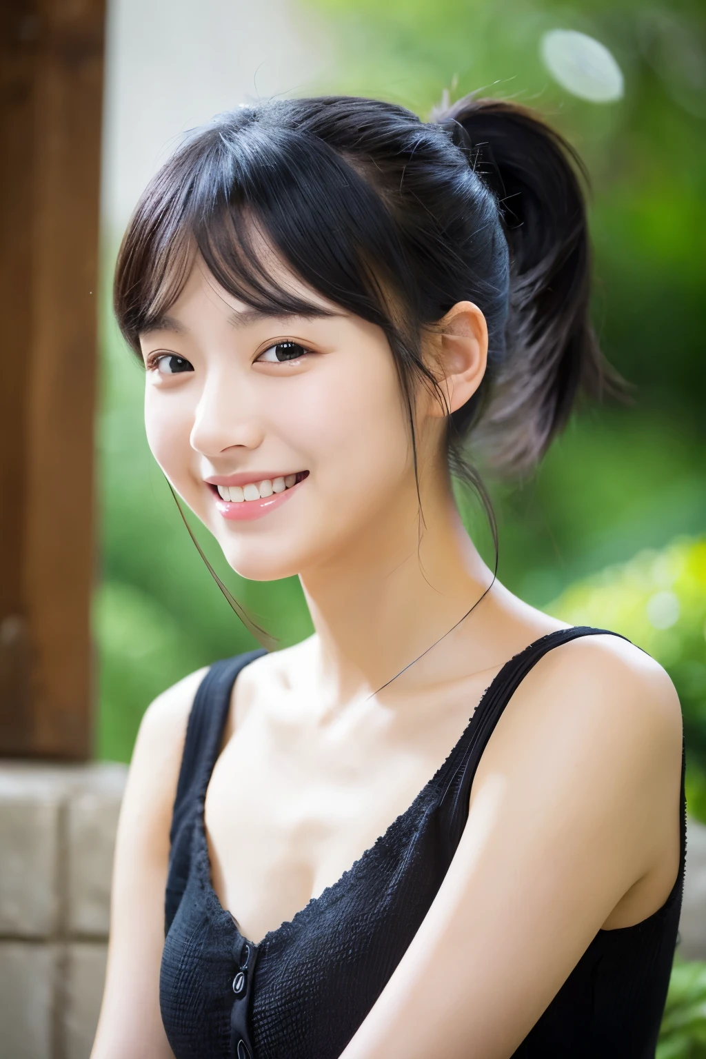 black hair, girl, beautiful face, ponytail, smile, thin chest