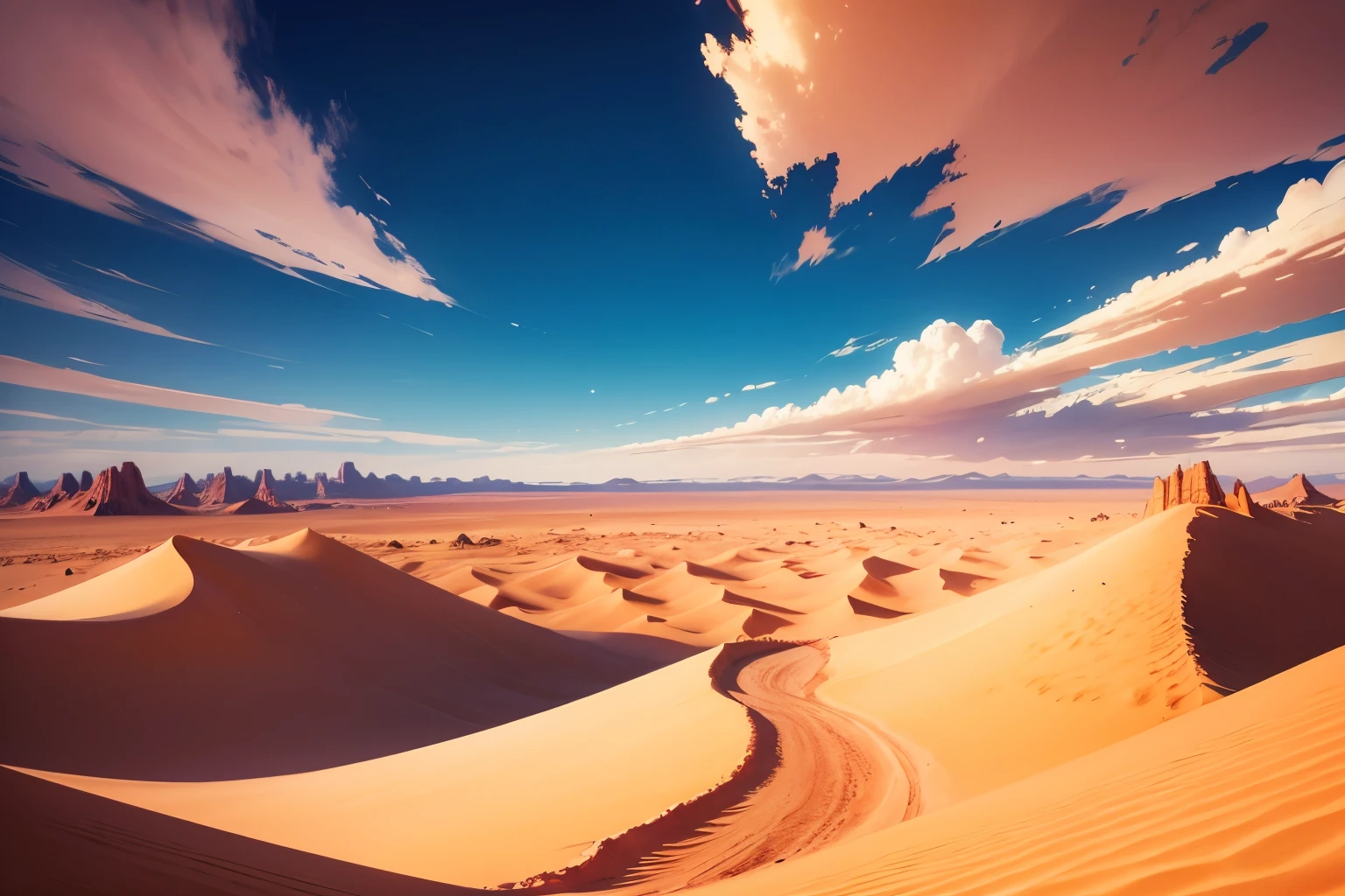 desert, red dunes, blue sky, clouds, anime, background
