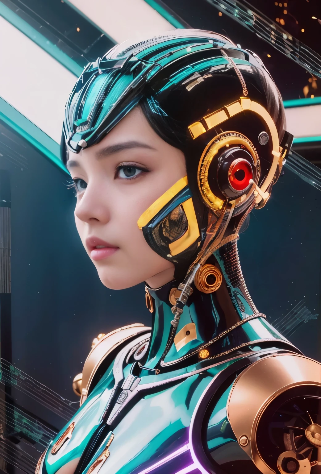 (top-quality:1.2, masterpiece)、ultra high resolution、extremely ultra surrealism, (Photorealsitic:1.4)、Raw photo、(Steampunk Battle Cyborg fallen angel)、large wings made of metal、black porcelain body、red hair、glowy skin、1 Cyborg girl、(mechanical frame:1.3)japanese, extremely cute face, ((super realistic details))、portrait、globalillumination、Shadow、octan render、8K、ultrasharp、character edge light、Details of complex ornaments、Acrylic Clear Cover、Sumerian details、Hydraulic cylinder、Small LED lamp、highly intricate detail、Realistic light、a purple eye、radiant eyes、Facing the camera、neon details、cowboy shot、Futuristic headgear、About Cyberpunk