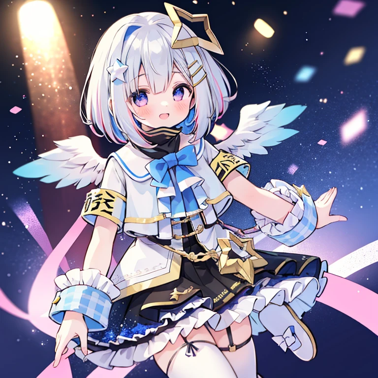 1 girl,Amane Kanata,kanatadef,Angel Wings,standing on one leg,wink,smile,raise one hand up